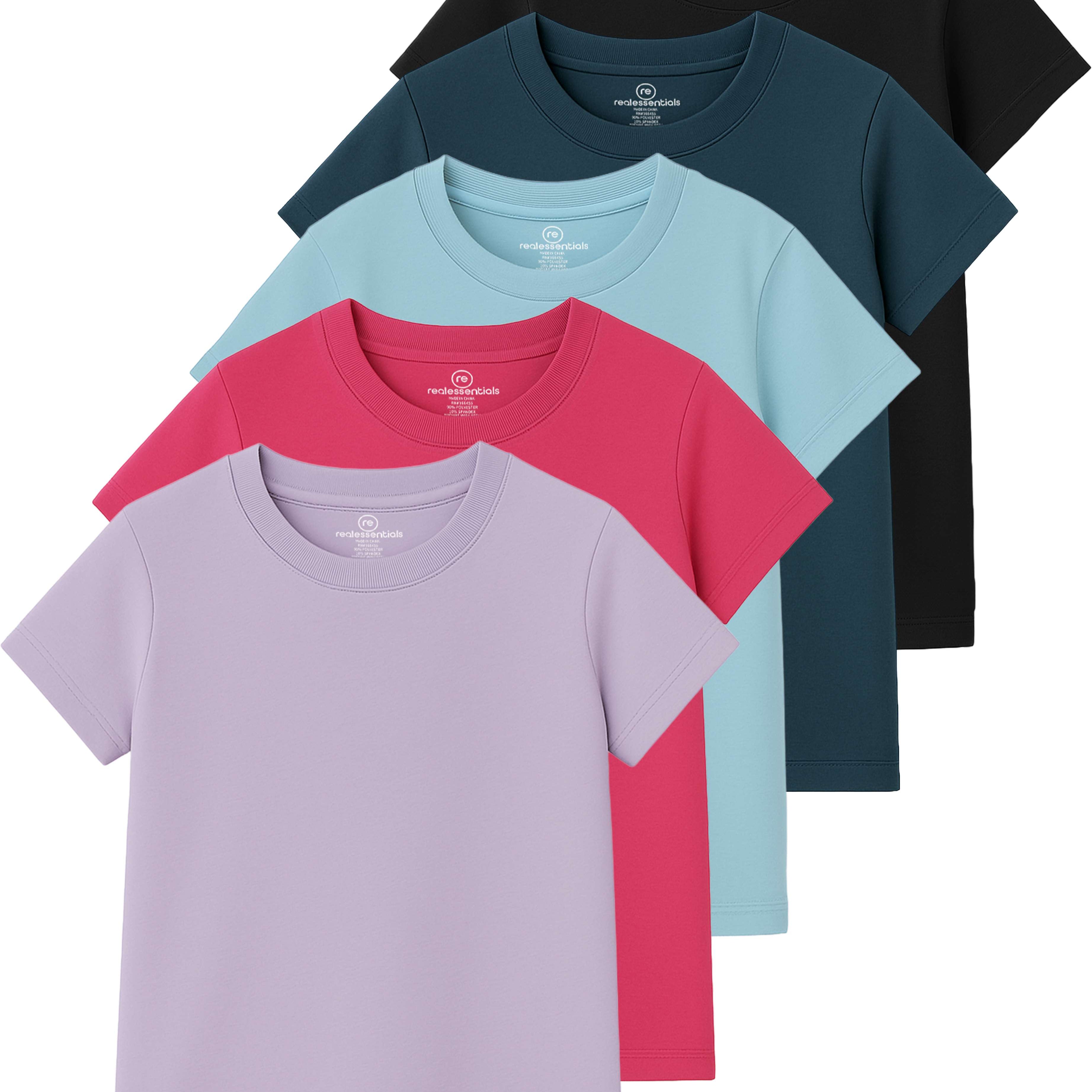 Real Essentials 5 Pack: Girls' Cotton Short Sleeve Crew Neck T-Shirt - Athletic Tee Shirt for Teens Kids Youth (Ages 4-16)
