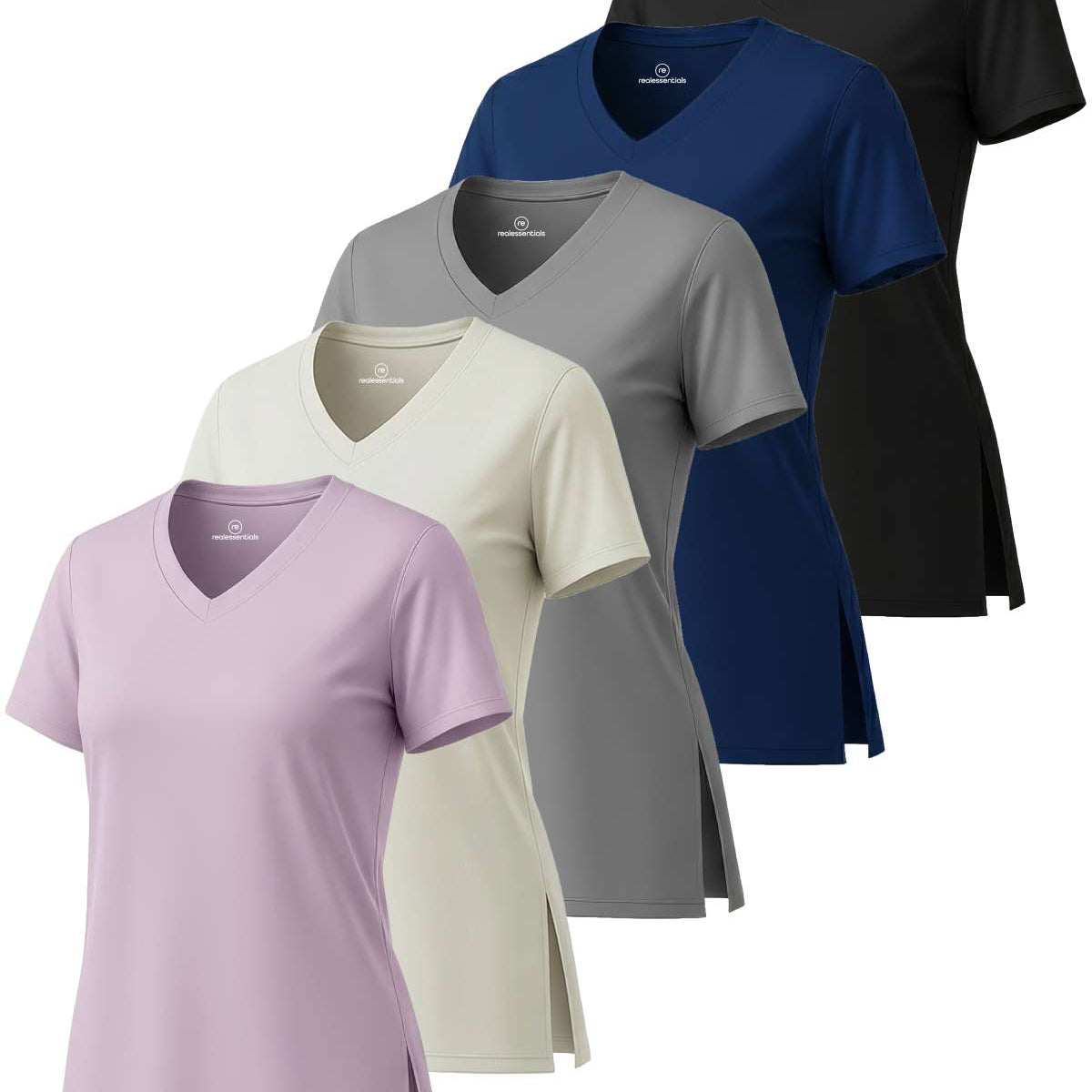 Real Essentials 5 Pack: Women's Short Sleeve Split Hem V-Neck T-Shirts, Athletic Tops, Gym, Workout, Yoga, Activewear (Plus)