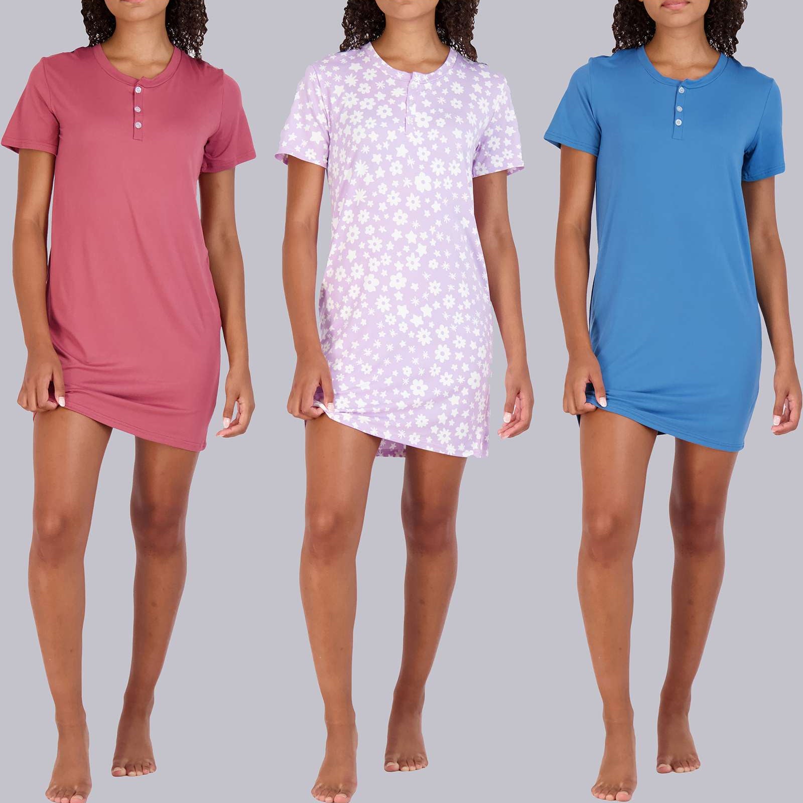 3 Pack: Womens Short Sleeve Henley Nightshirt Nightgown Sleep Dress