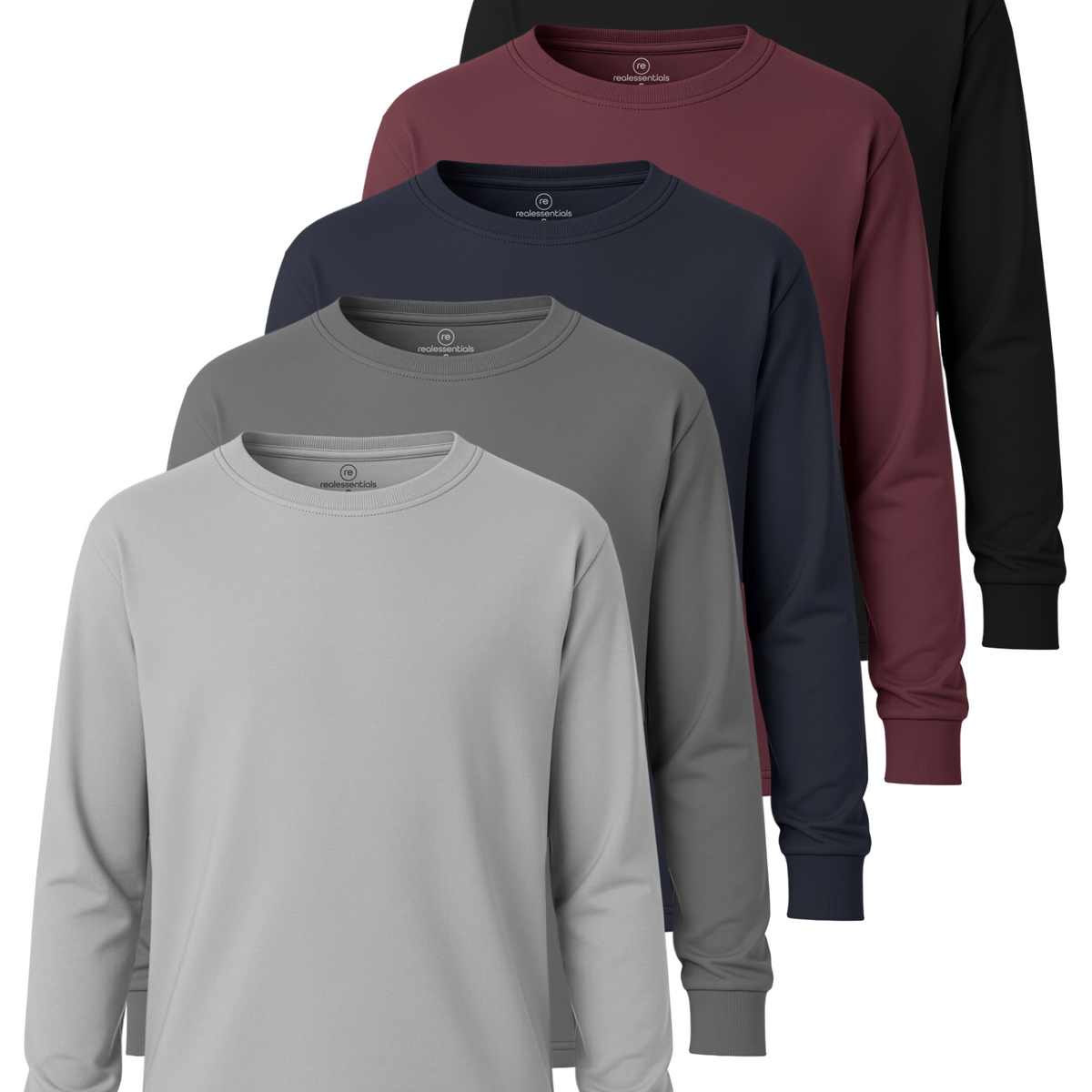 Real Essentials 5 Pack Boys' Cotton Long Sleeve Jersey T Shirts Kids School Youth Tees - Set 4