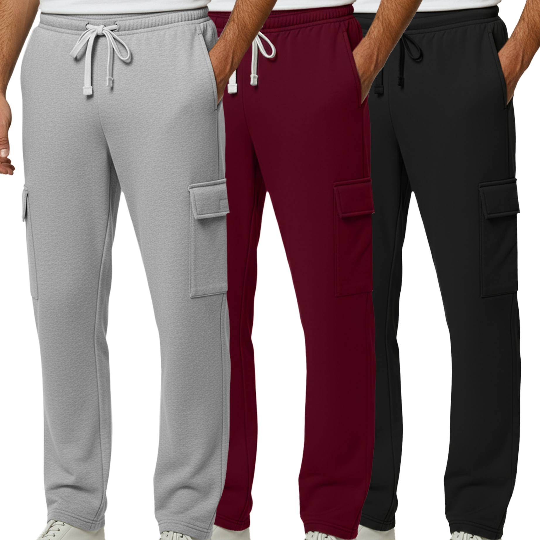 3 Pack: Mens Fleece Cargo Open Bottom Sweatpants