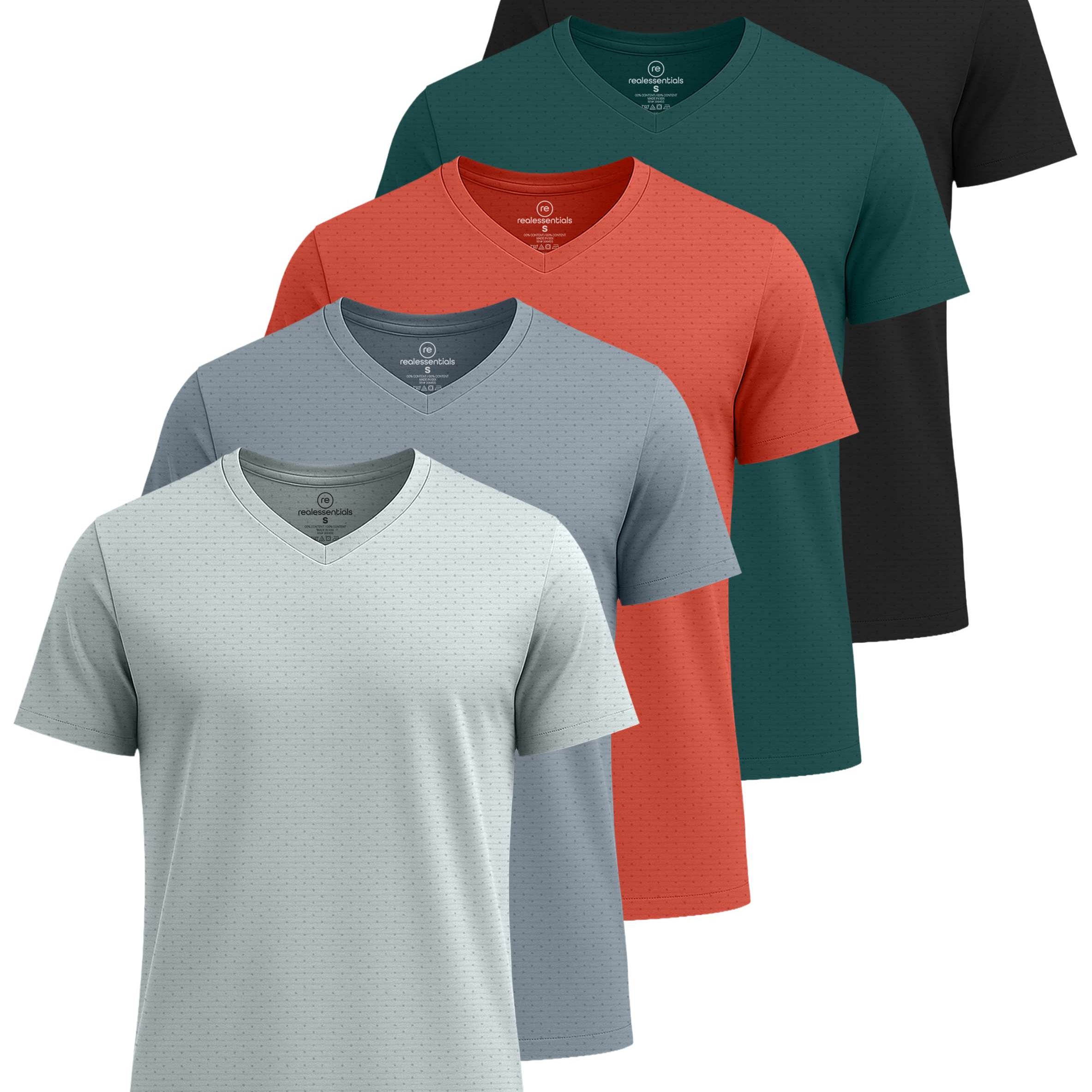 Real Essentials 5 Pack: Men's Breeze Tech V-Neck Dry Fit T-Shirts Moisture Wicking Athletic Workout & Gym Shirts (Big &Tall)