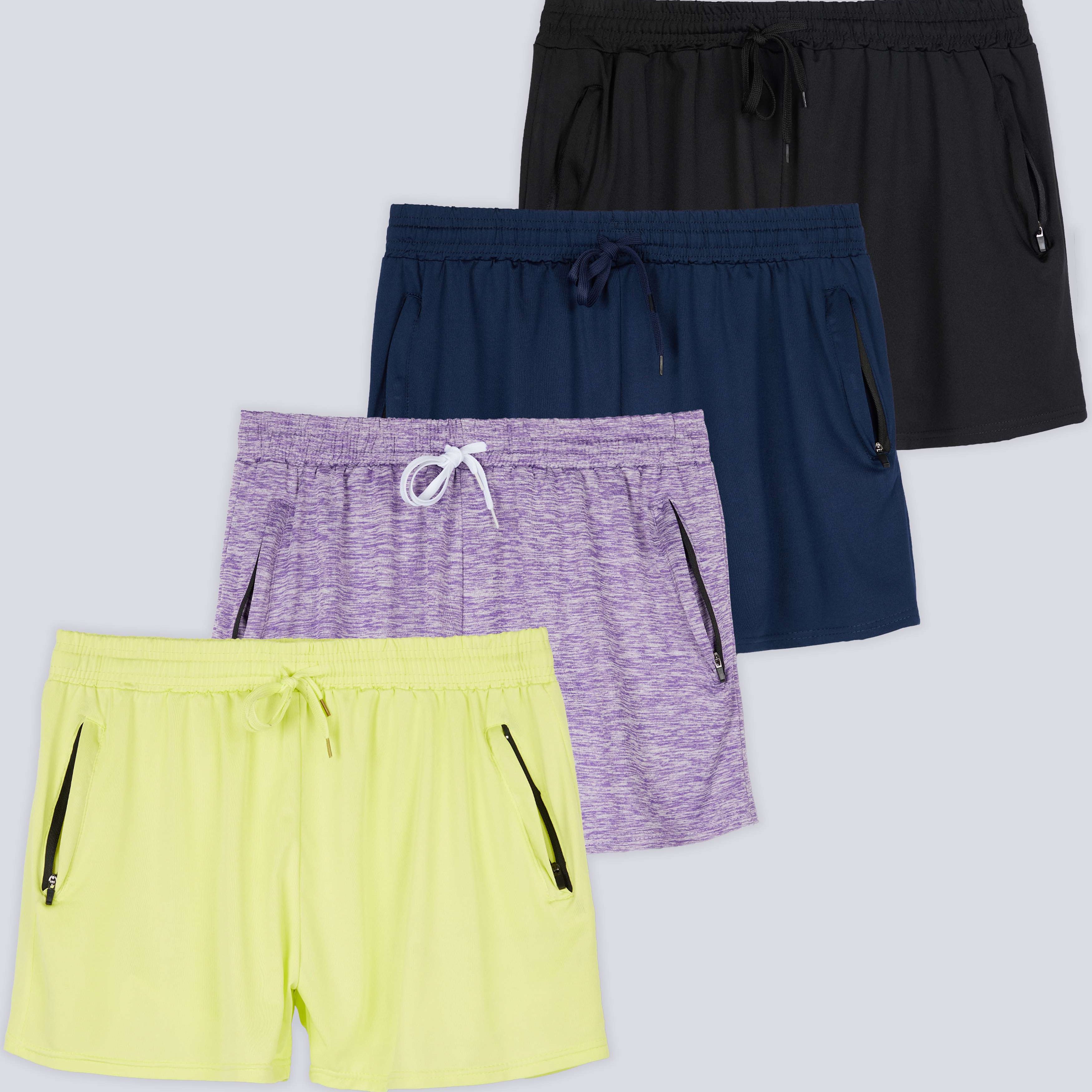 4 Pack: Womens Active Dry-Fit Shorts with Zipper Pockets
