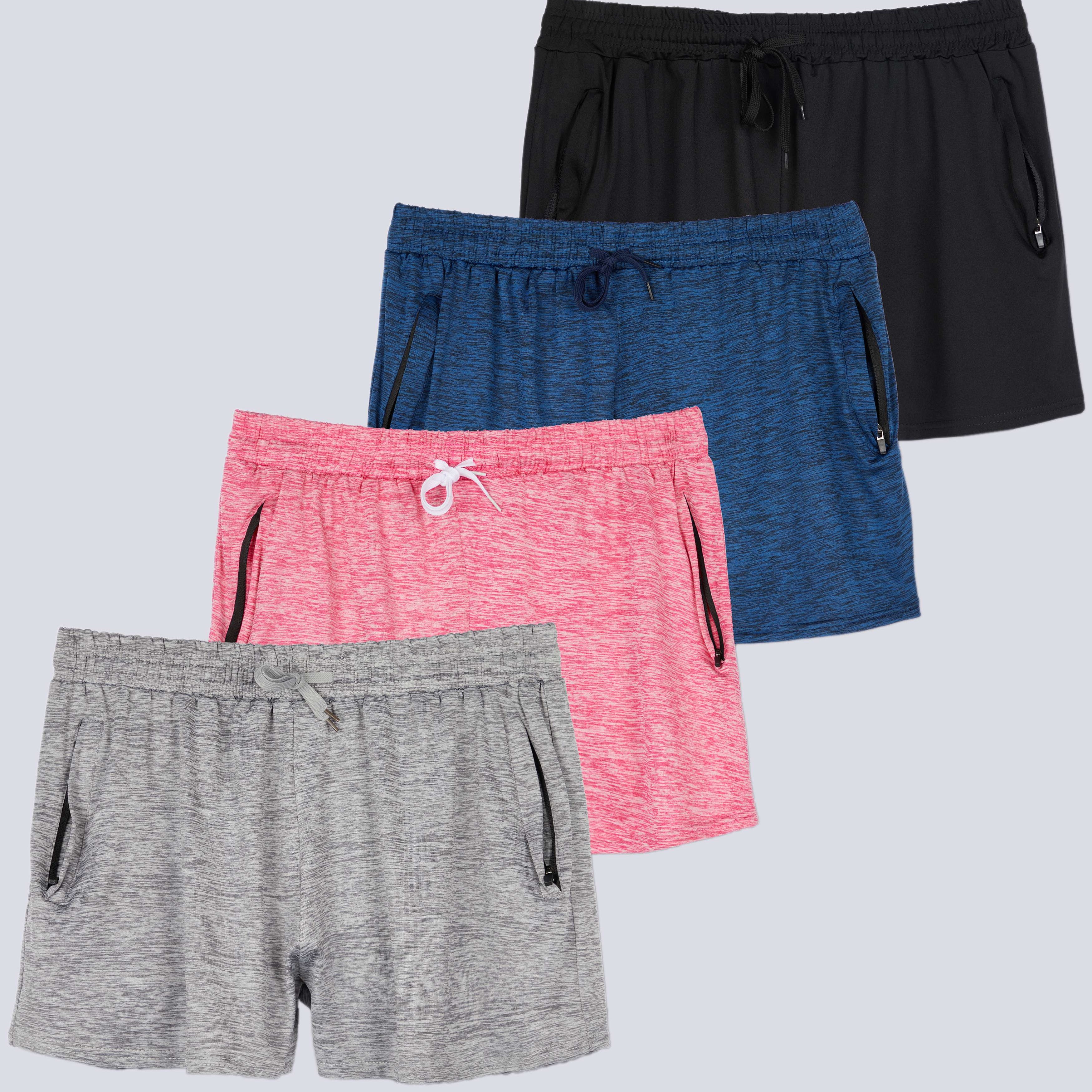 4 Pack: Womens Active Dry-Fit Shorts with Zipper Pockets