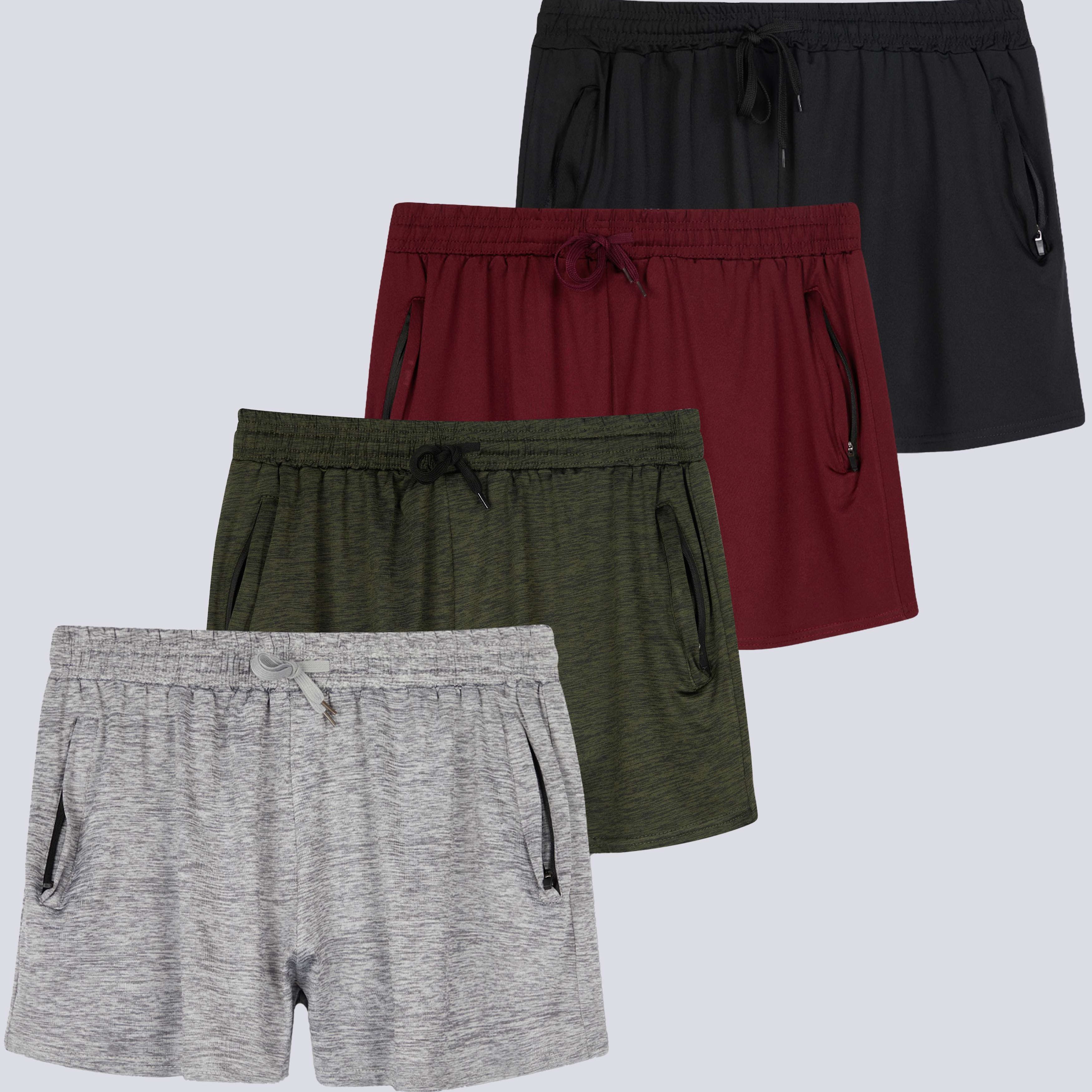 4 Pack: Womens Active Dry-Fit Shorts with Zipper Pockets