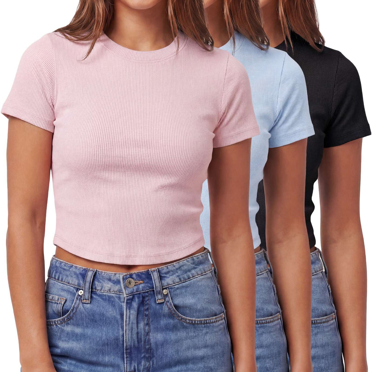 Real Essentials 3 Pack Women's Cropped Cotton Tshirts Ribbed Cap Sleeve Tees Going Out Tops - Solid Black, Solid Ballad Blue, Solid Pale Lilac