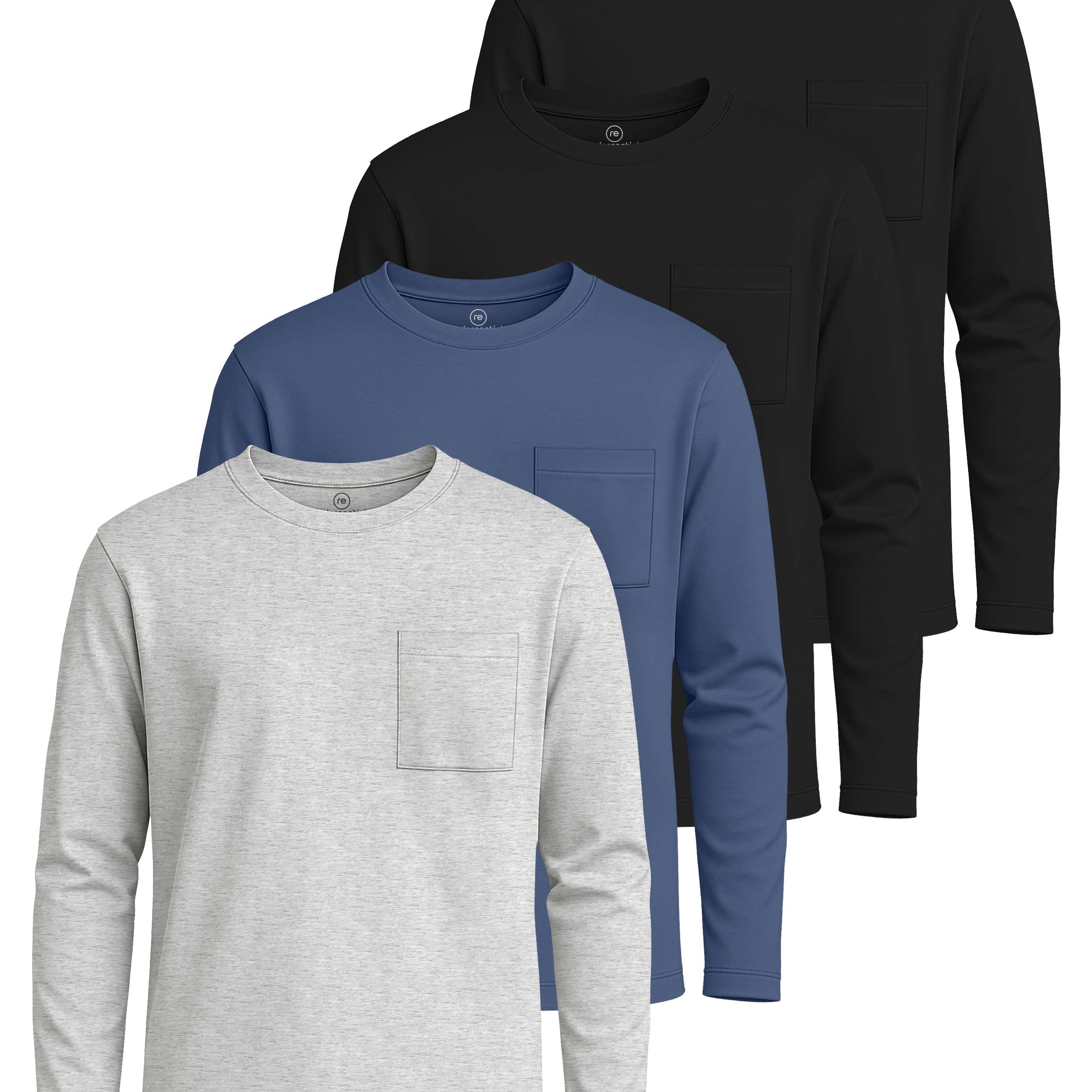 Real Essentials 4 Pack: Boys' Cotton Jersey Long Sleeve T-Shirt with Pocket - Kids Teens Youth Crew Neck Tee Top (Ages 4-16)
