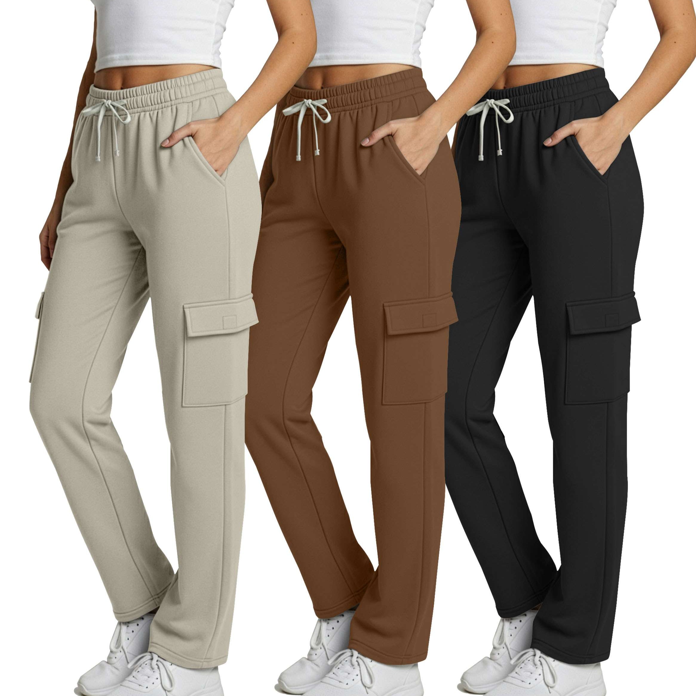 Real Essentials 3 Pack: Women's Fleece Cargo Sweatpants, Open Bottom Lounge & Athletic Casual Pants with Pockets
