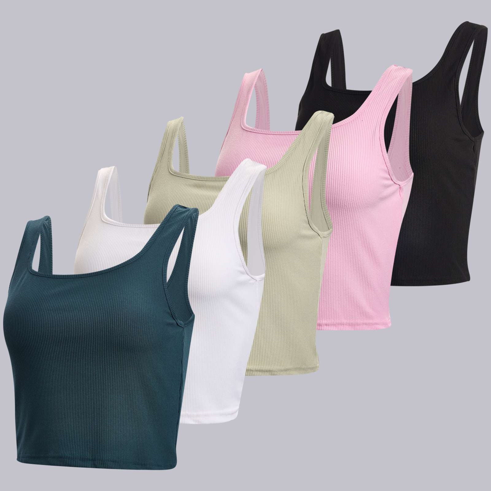 Real Essentials 5 Pack: Women's Soft Knit Ribbed Square Neck Cropped Tank Top - Sleeveless Crop Tops