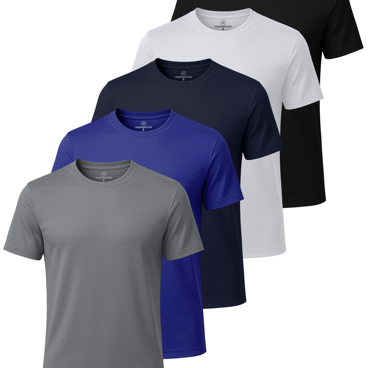 Real Essentials 5 Pack Men's Dry Fit Short Sleeve Crew T Shirts Gym Tees Athletic Workout - Solid Black, Solid Bright White, Navy Blazer, Royal Blue, Solid Ultimate Grey