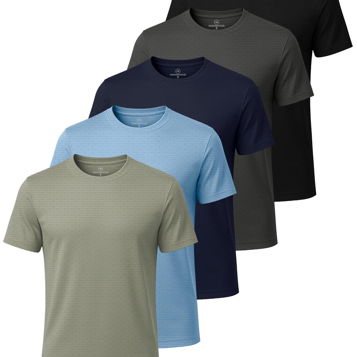 Real Essentials 5 Pack Men's Dry Fit Short Sleeve Crew T Shirts Gym Tees Athletic Workout - Solid Black, Charcoal, Navy Blazer, Solid Clear Sky, Solid Desert Sage