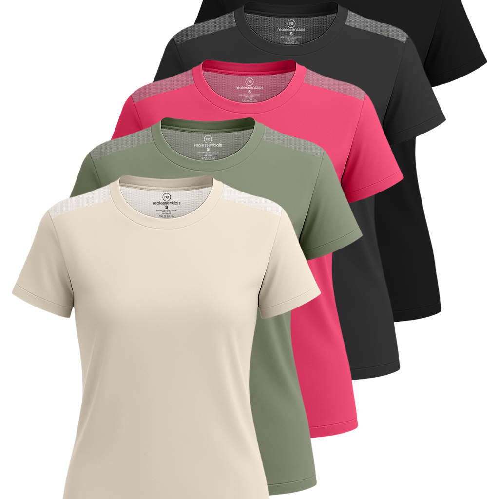 Real Essentials 5 Pack: Women's Short Sleeve Mesh Insert T-Shirts Athletic Tops Gym Workout Yoga Tennis Activewear (Plus)