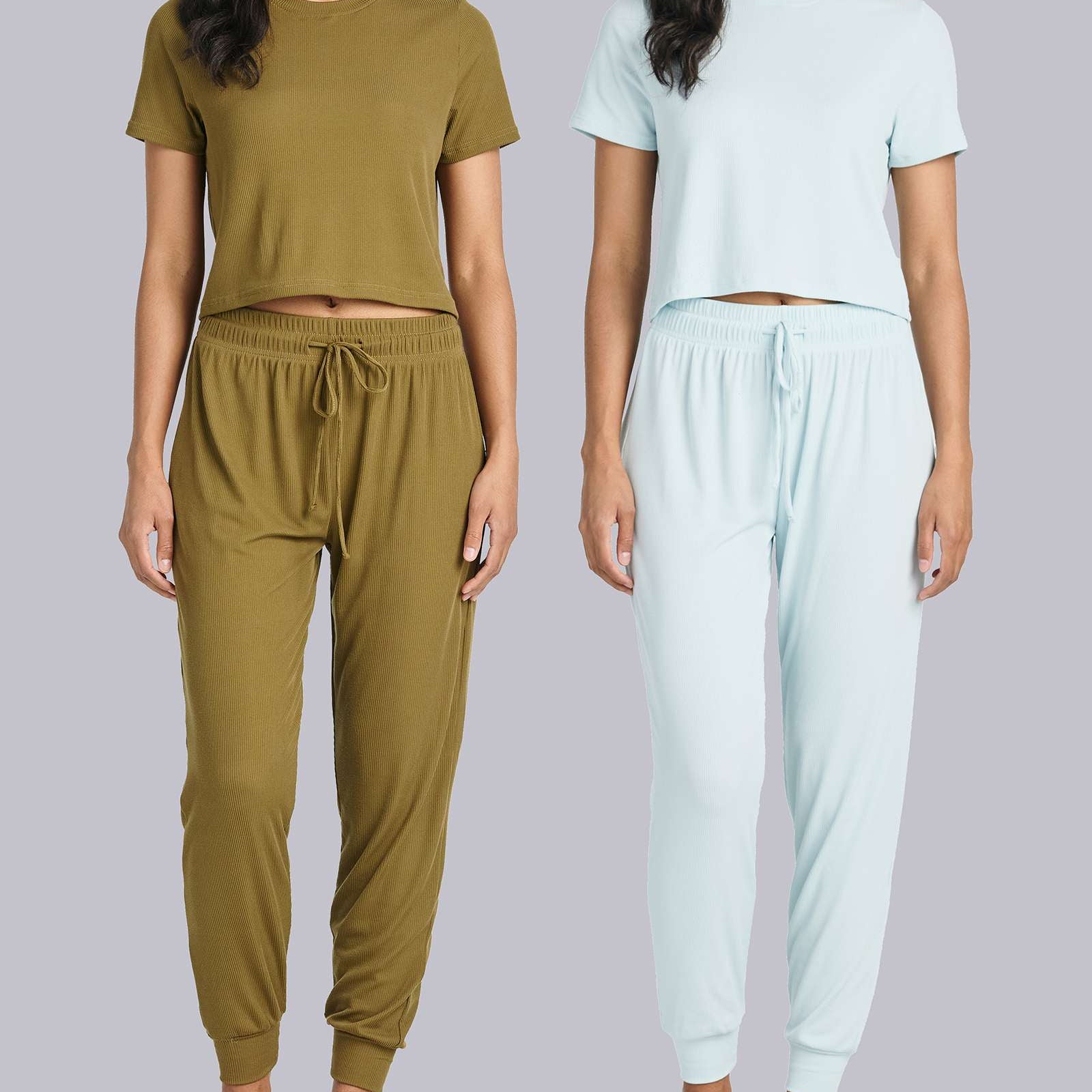 2 Pack: Women's Ribbed Knit Cropped Top with Jogger Sweatpants