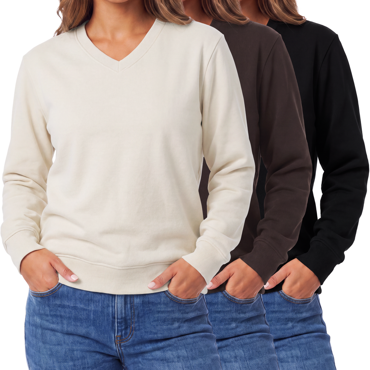Real Essentials 3 Pack Womens Fleece V Neck Sweatshirt Pullover Sweaters Long Sleeve Top - Solid Black, Solid Chocolate Torte, Solid Moonbeam