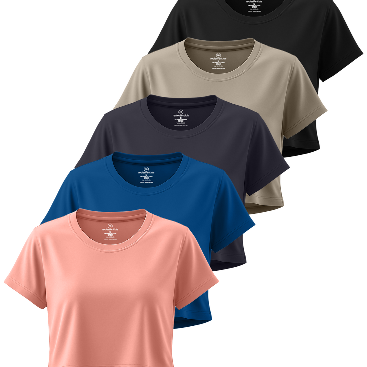 Real Essentials 5 Pack Women's Dry Fit Crop Top Workout T Shirts Short Sleeve Athletic Gym - Set 8