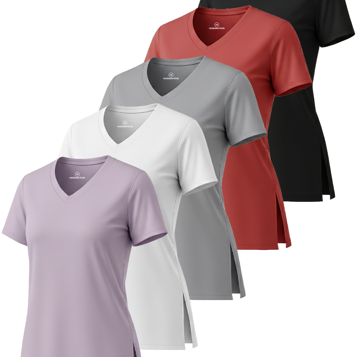Real Essentials 5 Pack: Women's Short Sleeve Split Hem V-Neck T-Shirts, Athletic Tops, Gym, Workout, Yoga, Activewear (Plus)
