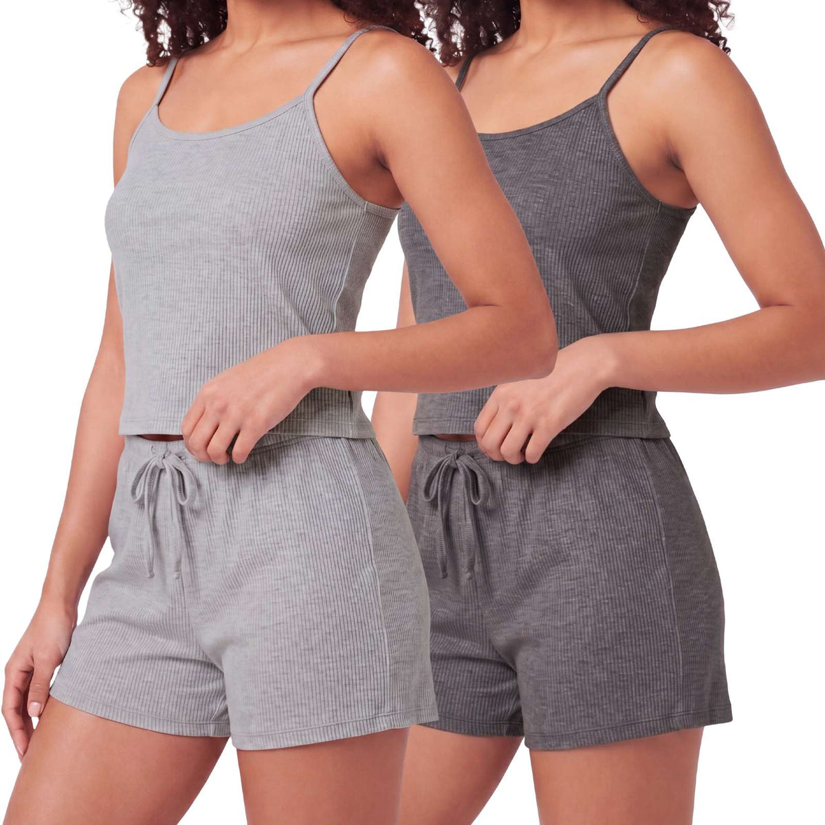 Real Essentials 2 Pack Women's Pajama Sets 2 Piece Ribbed Cropped Cami Shorts Sleepwear PJs - Charcoal Heather, Grey Heather
