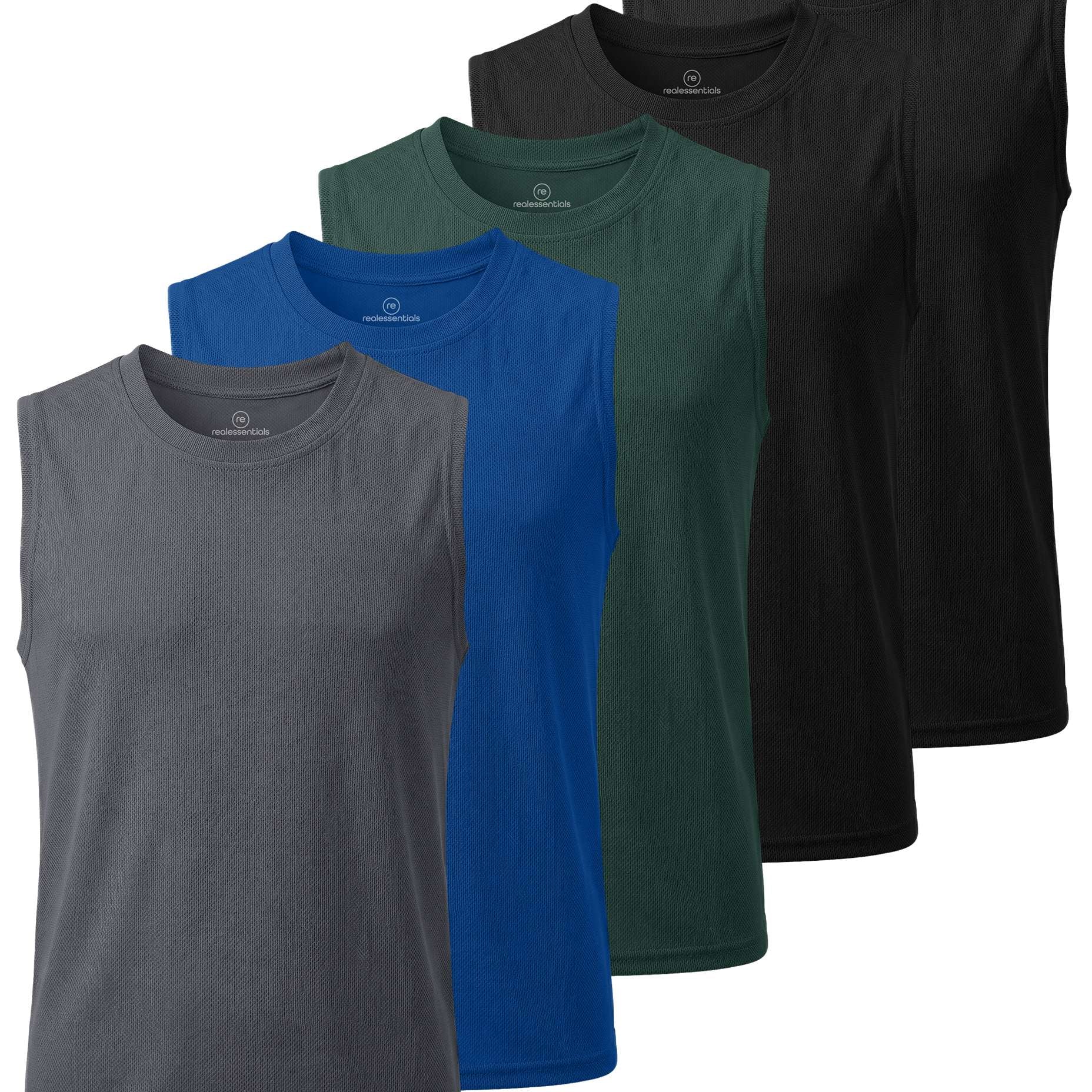 Real Essentials 5 Pack: Boys Mesh Active Tank Tops Athletic Workout Sleeveless Muscle Basketball Sports Dry Fit Teen