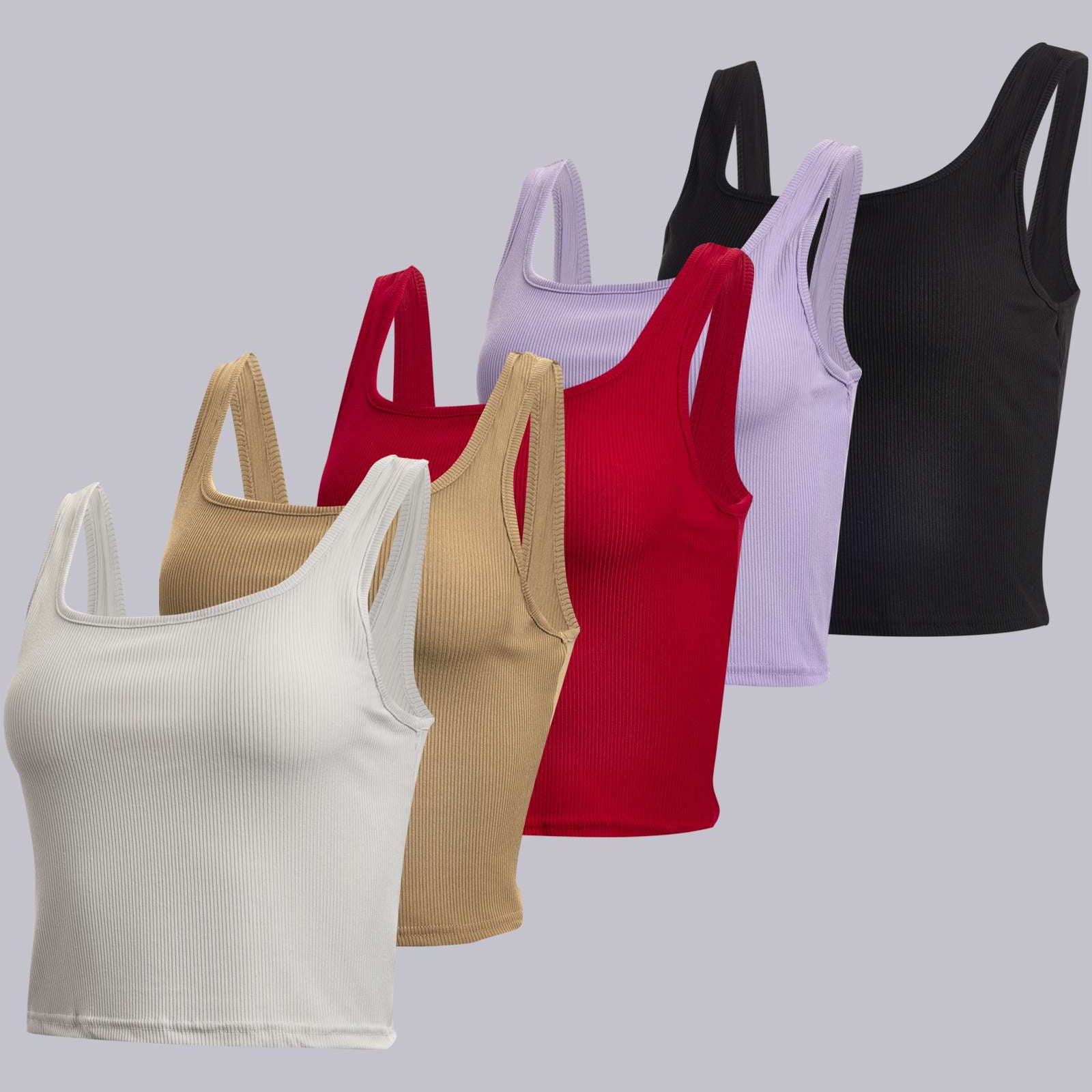 Real Essentials 5 Pack: Women's Soft Knit Ribbed Square Neck Cropped Tank Top - Sleeveless Crop Tops