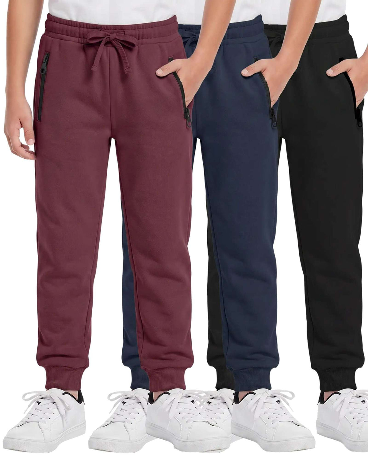 Real Essentials 3 Pack Boys Fleece Joggers Sweatpants Zipper Pockets Athletic Pants Teen - Solid Black, Solid Navy Blazer, Solid Burgundy