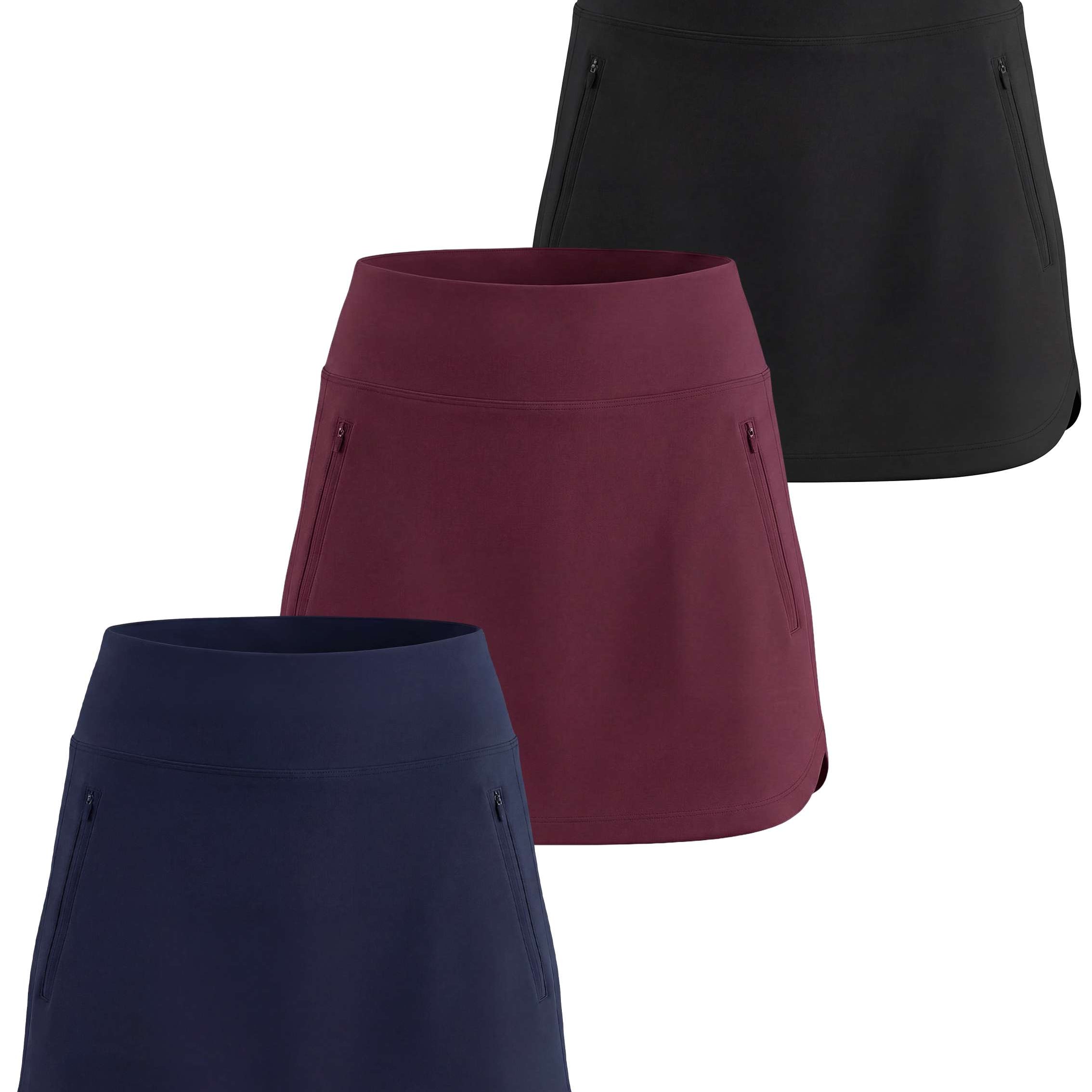 Real Essentials 3 Pack: Women's 16" Curved Hem Golf Skort with Zip Pockets - Ladies Athletic Tennis Pickleball Workout Skirts