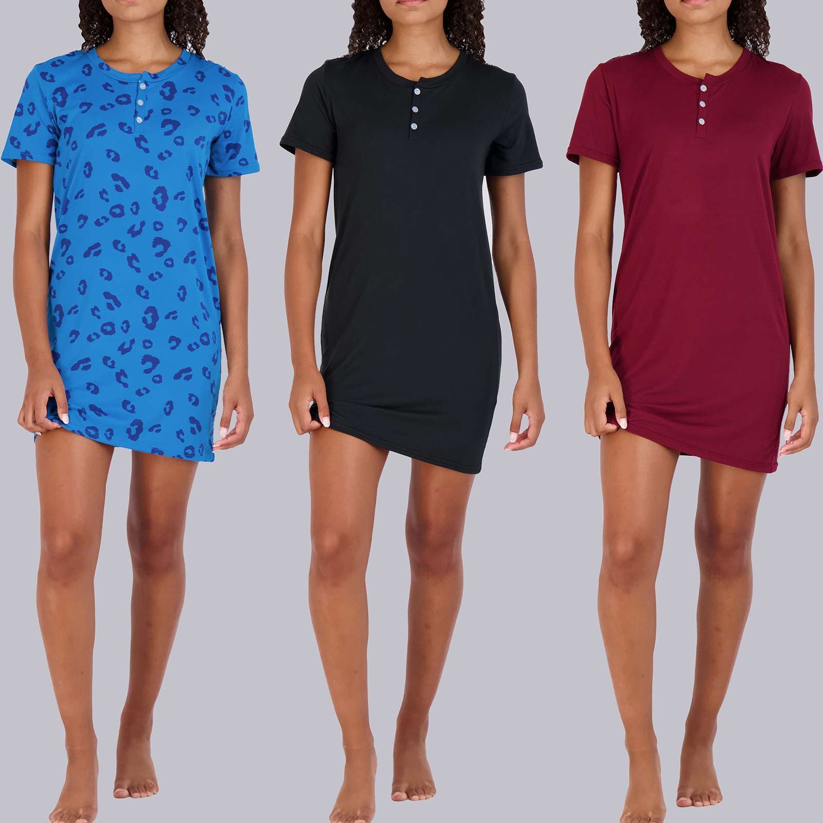 3 Pack: Womens Short Sleeve Henley Nightshirt Nightgown Sleep Dress