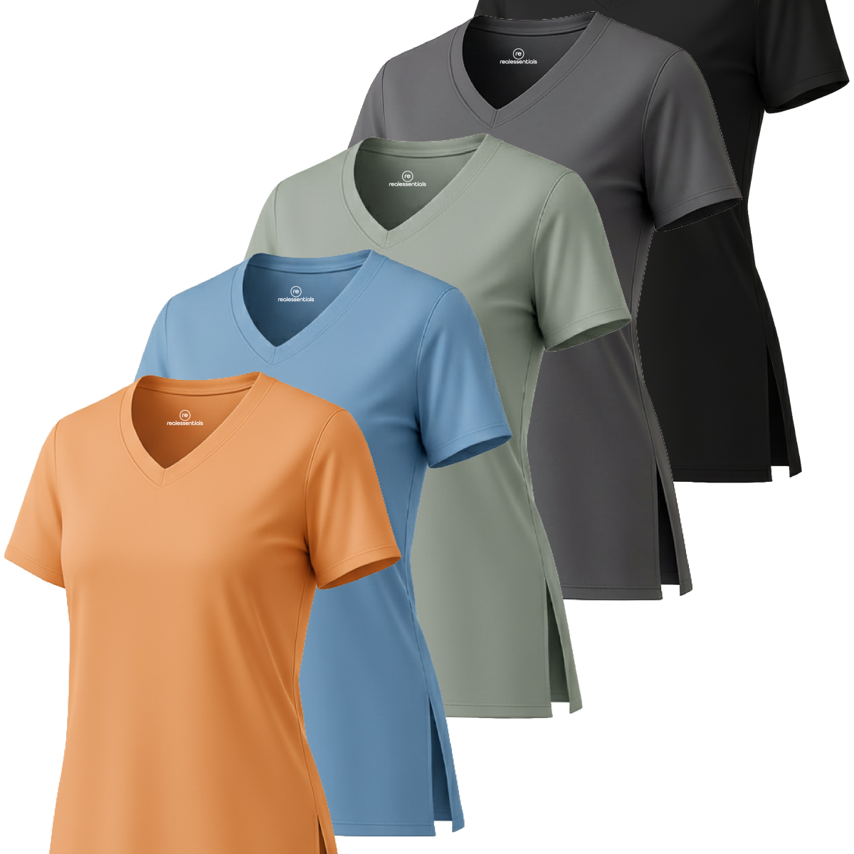 Real Essentials 5 Pack: Women's Short Sleeve Split Hem V-Neck T-Shirts, Athletic Tops, Gym, Workout, Yoga, Activewear (Plus)