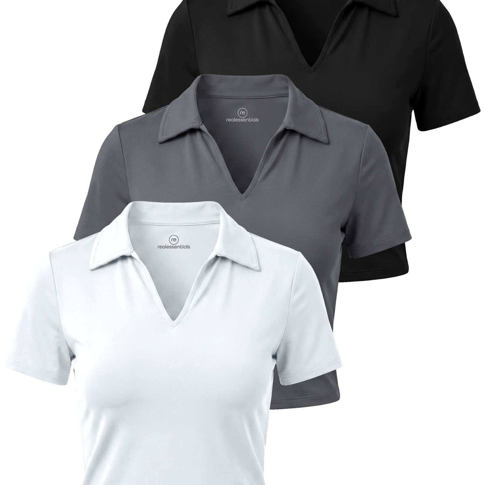 Real Essentials 3 Pack: Women's V Neck Crop Polo Shirts - Short Sleeve Sweater Dry Fit Golf Athletic Workout Collared Tops