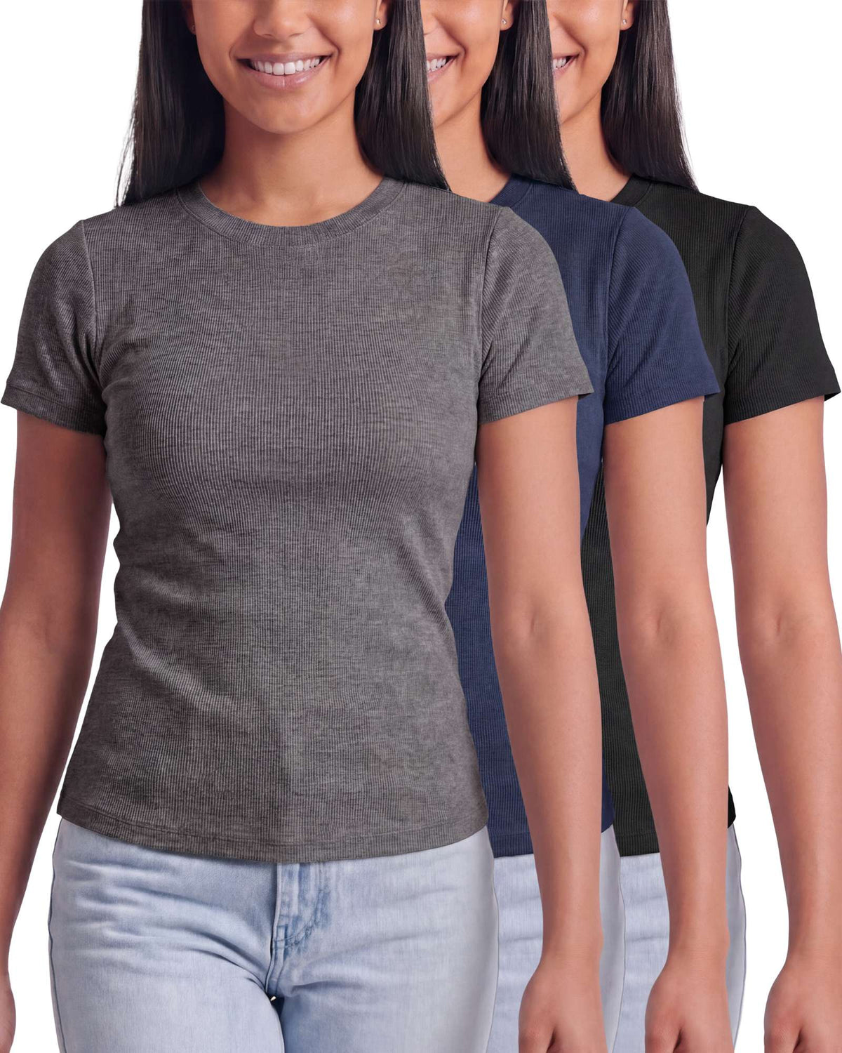 Real Essentials 3 Pack Women's Cotton Ribbed Tshirts Short Sleeve Crew Neck Tees Basic Tops - Solid Black, Solid Navy Blazer, Charcoal Heather
