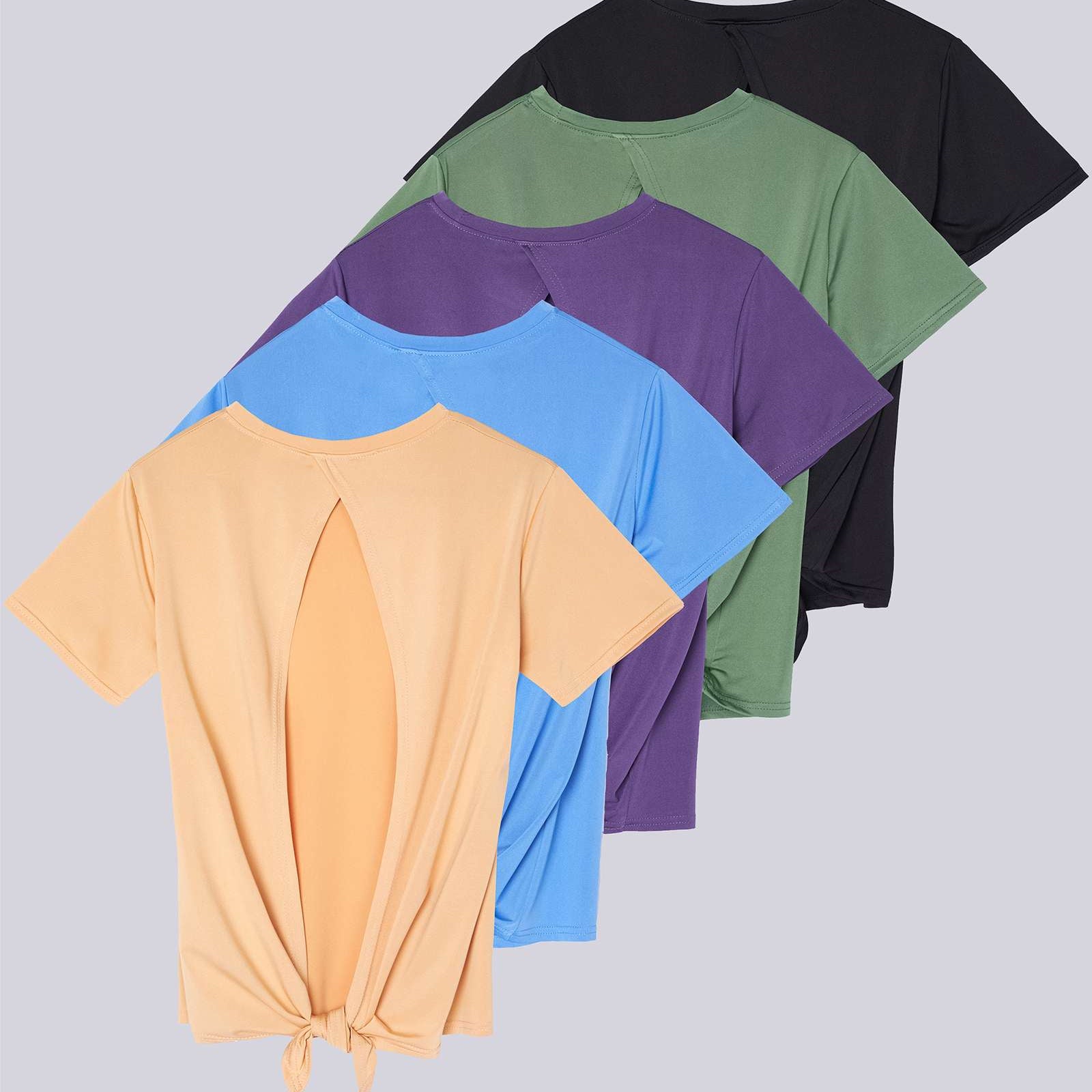 5 Pack: Women's Short Sleeve Open Back Tie Back Dry-Fit T-Shirt