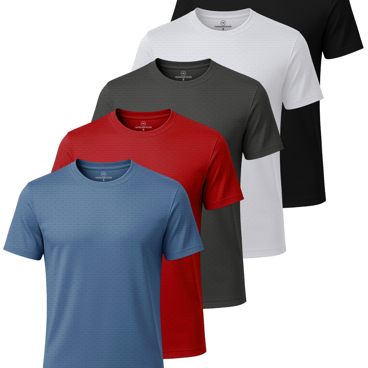 Real Essentials 5 Pack Men's Dry Fit Short Sleeve Crew T Shirts Gym Tees Athletic Workout - Solid Black, Solid Bright White, Charcoal, Solid Poppy Red, Elemental Blue