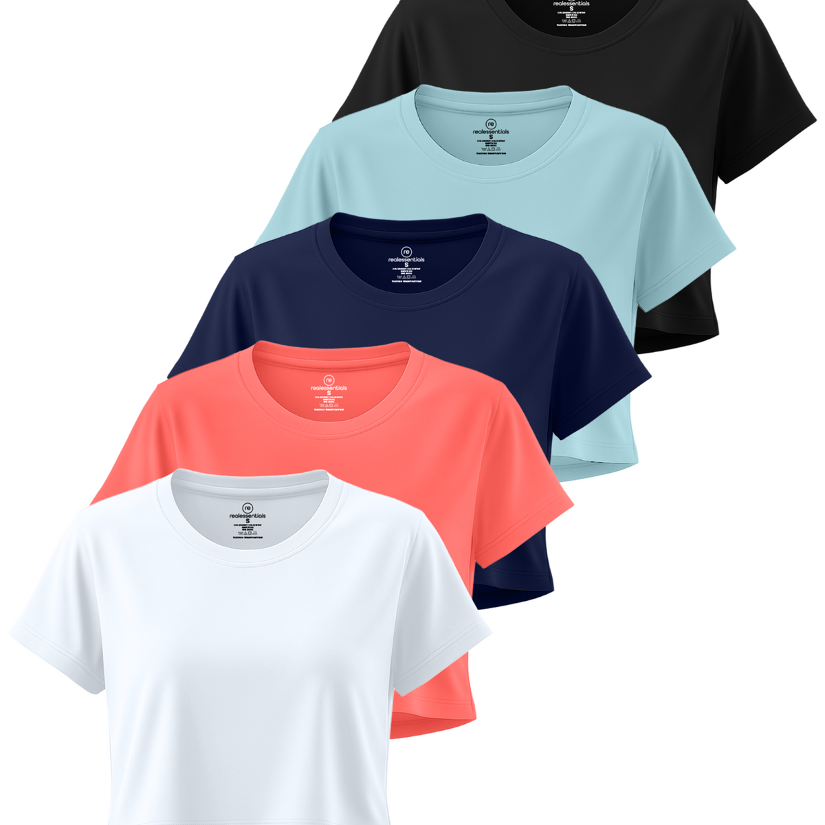 Real Essentials 5 Pack Women's Dry Fit Crop Top Workout T Shirts Short Sleeve Athletic Gym - Set 3