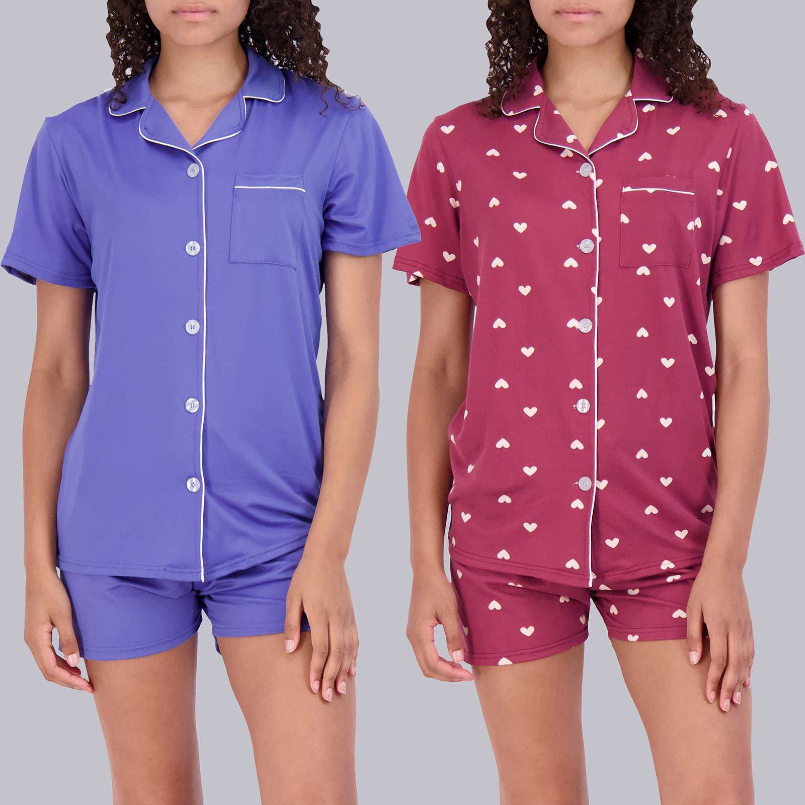 4 Piece: Womens Short Sleeve Button Down Pajama Set