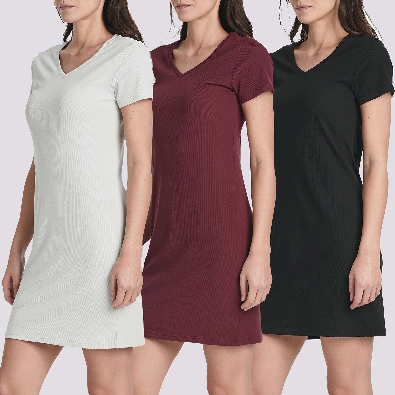 3 Pack: Women's Ribbed Knit Short-Sleeve V-Neck Swing Dress