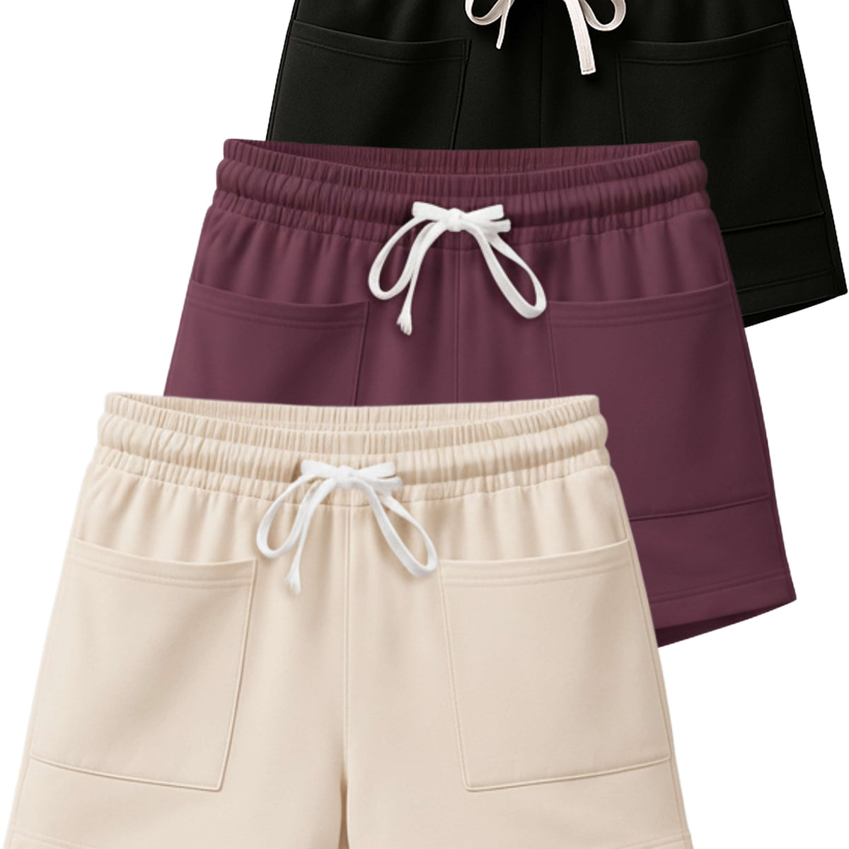 Real Essentials 3 Pack Women's French Terry Shorts Sweatshorts Lounge Gym Square Pockets - Set 3