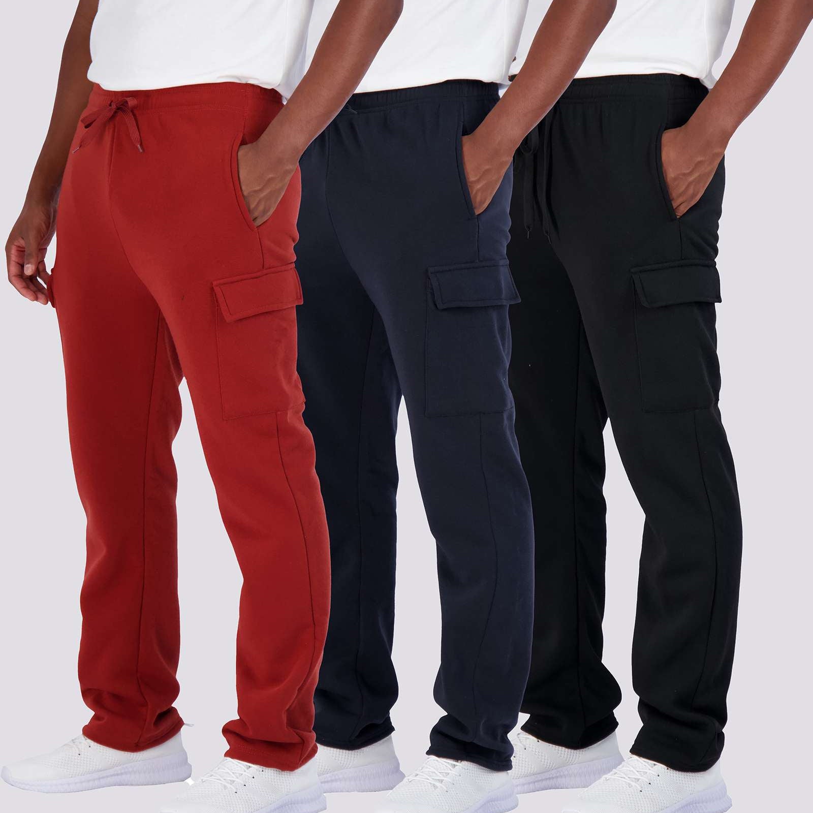 3 Pack: Mens Fleece Cargo Open Bottom Sweatpants