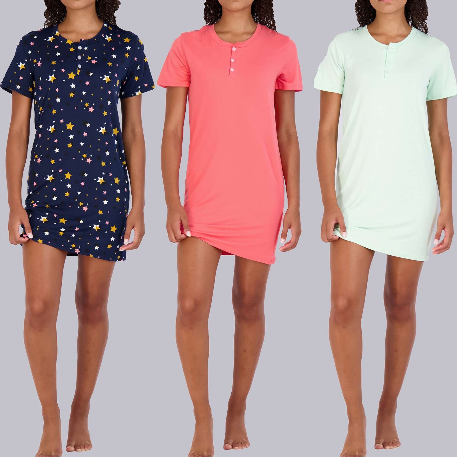 3 Pack: Womens Short Sleeve Henley Nightshirt Nightgown Sleep Dress