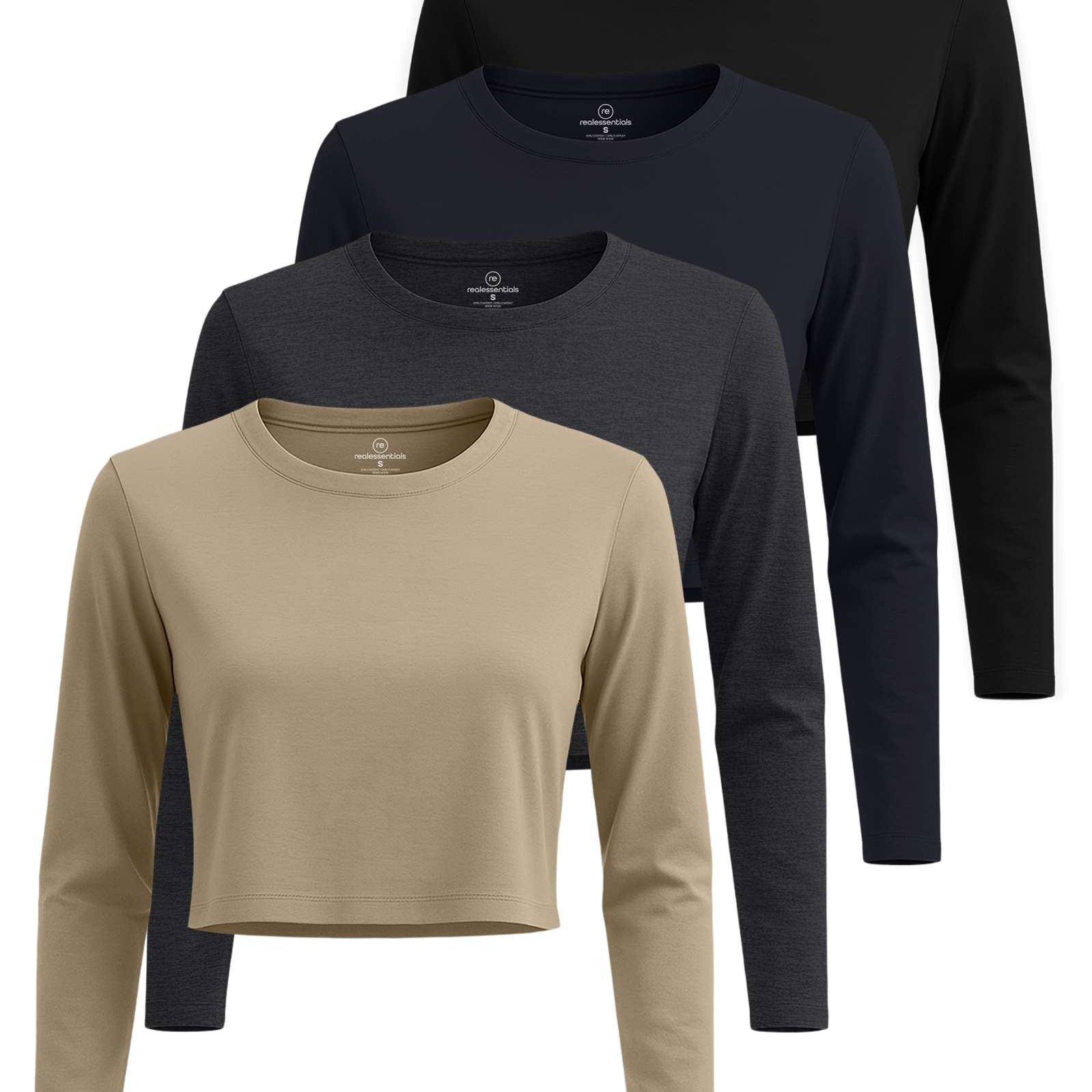 4 Pack: Women's Long Sleeve Crew Crop Top ( Available in Plus Size)