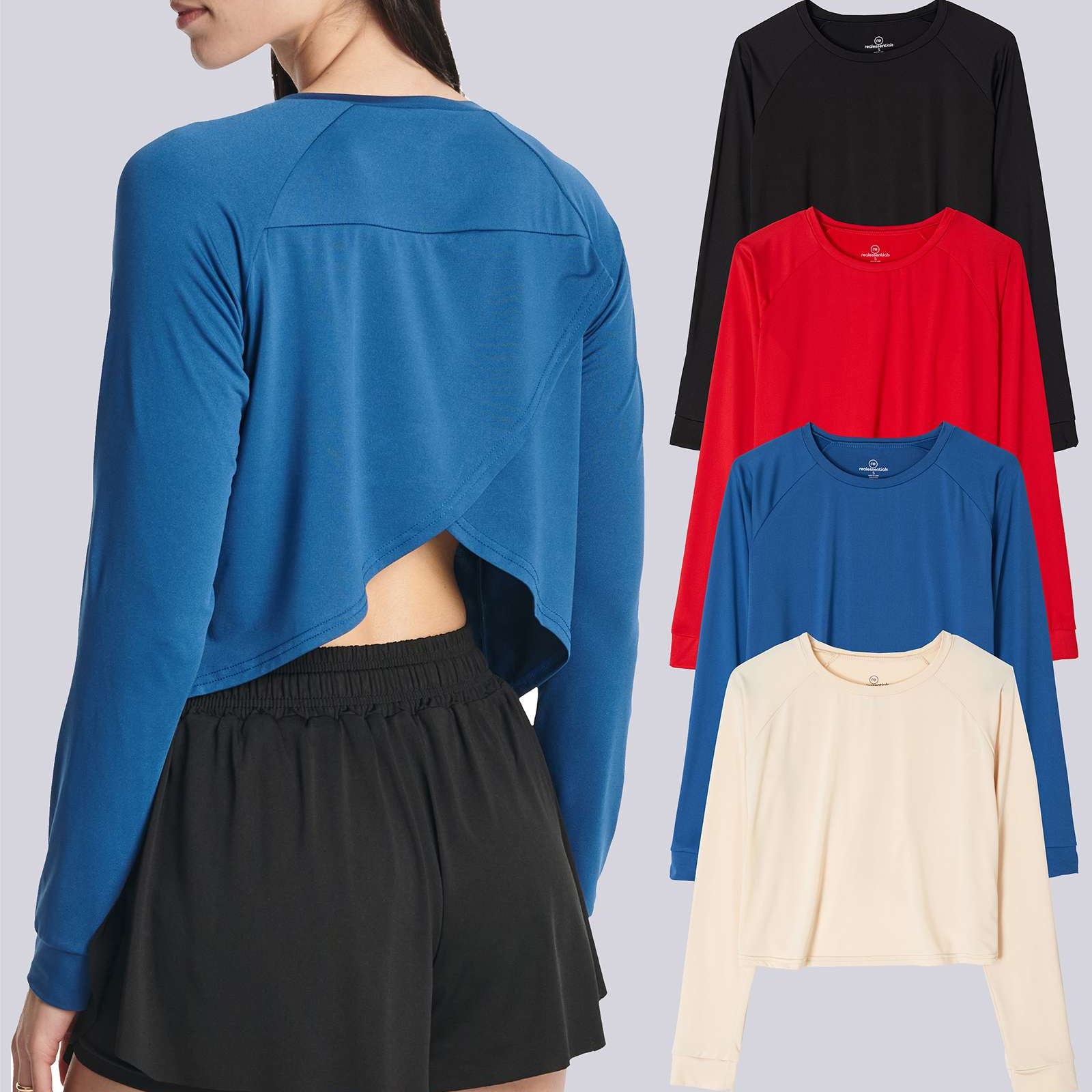 4 Pack: Women's Long Sleeve Petal Back Crop Top (Available in Plus Size)