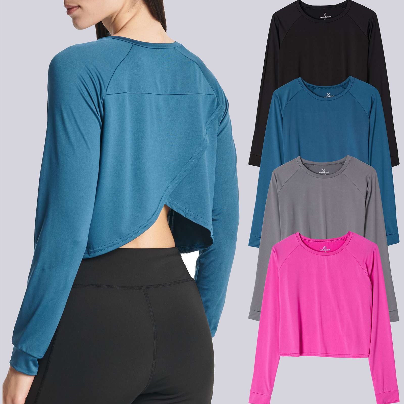 4 Pack: Women's Long Sleeve Petal Back Crop Top (Available in Plus Size)