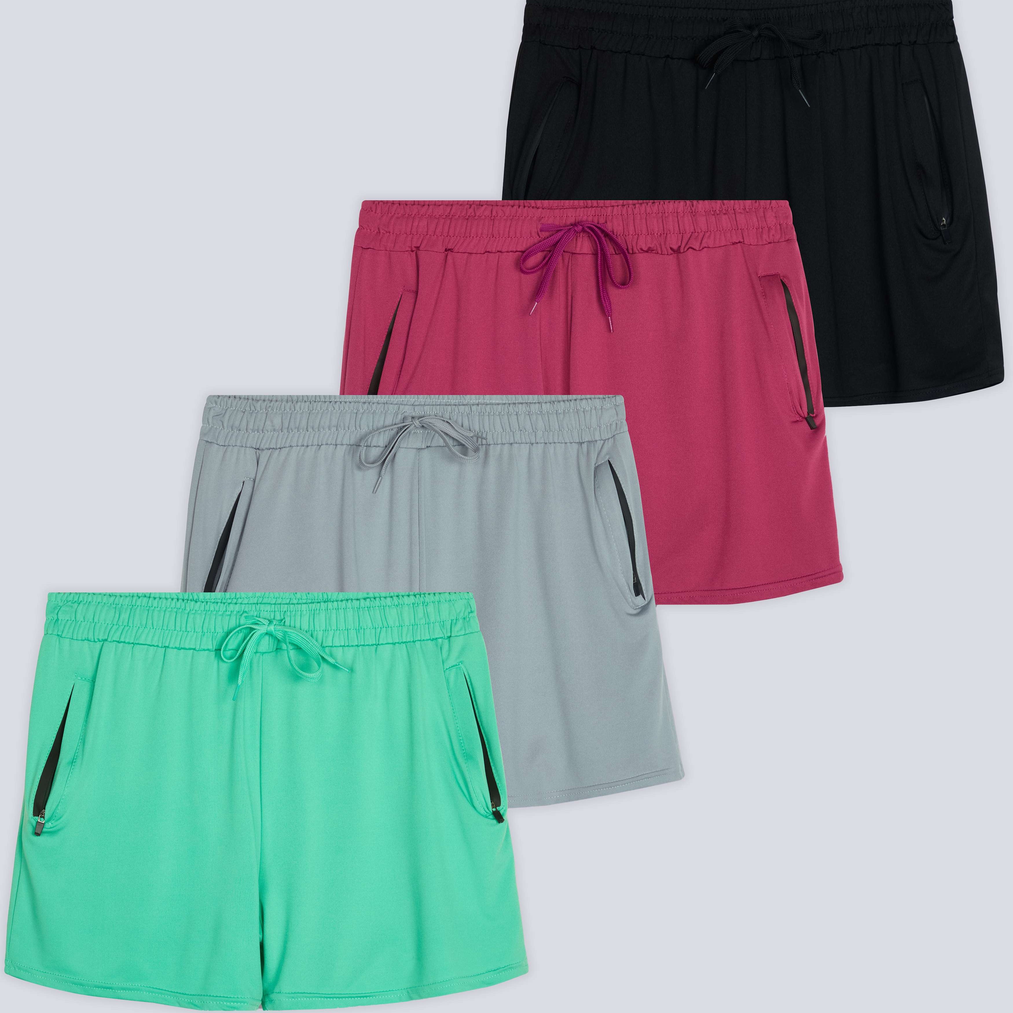 4 Pack: Womens Active Dry-Fit Shorts with Zipper Pockets