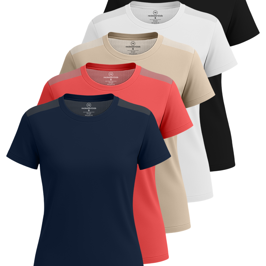 Real Essentials 5 Pack: Women's Short Sleeve Mesh Insert T-Shirts Athletic Tops Gym Workout Yoga Tennis Activewear (Plus)
