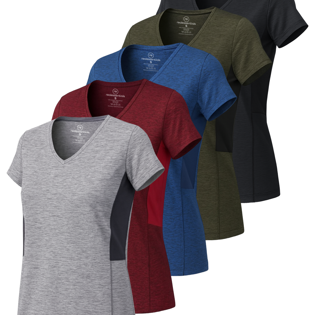 Real Essentials 5 Pack Womens Dry Fit V Neck Workout Tops Athletic T Shirts Gym Yoga Tees - Set 3