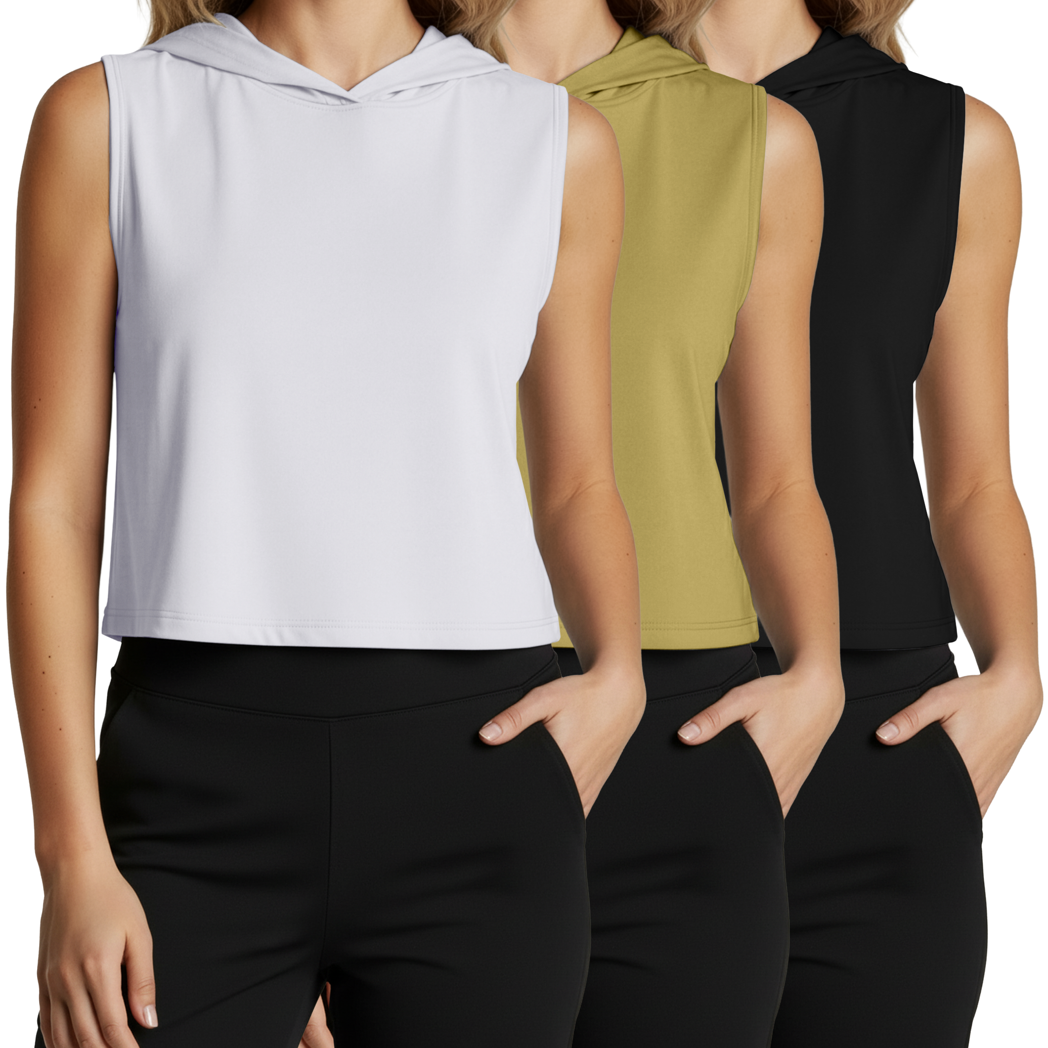 3 Pack: Women's Sleeveless Cropped Tank Top Hoodie