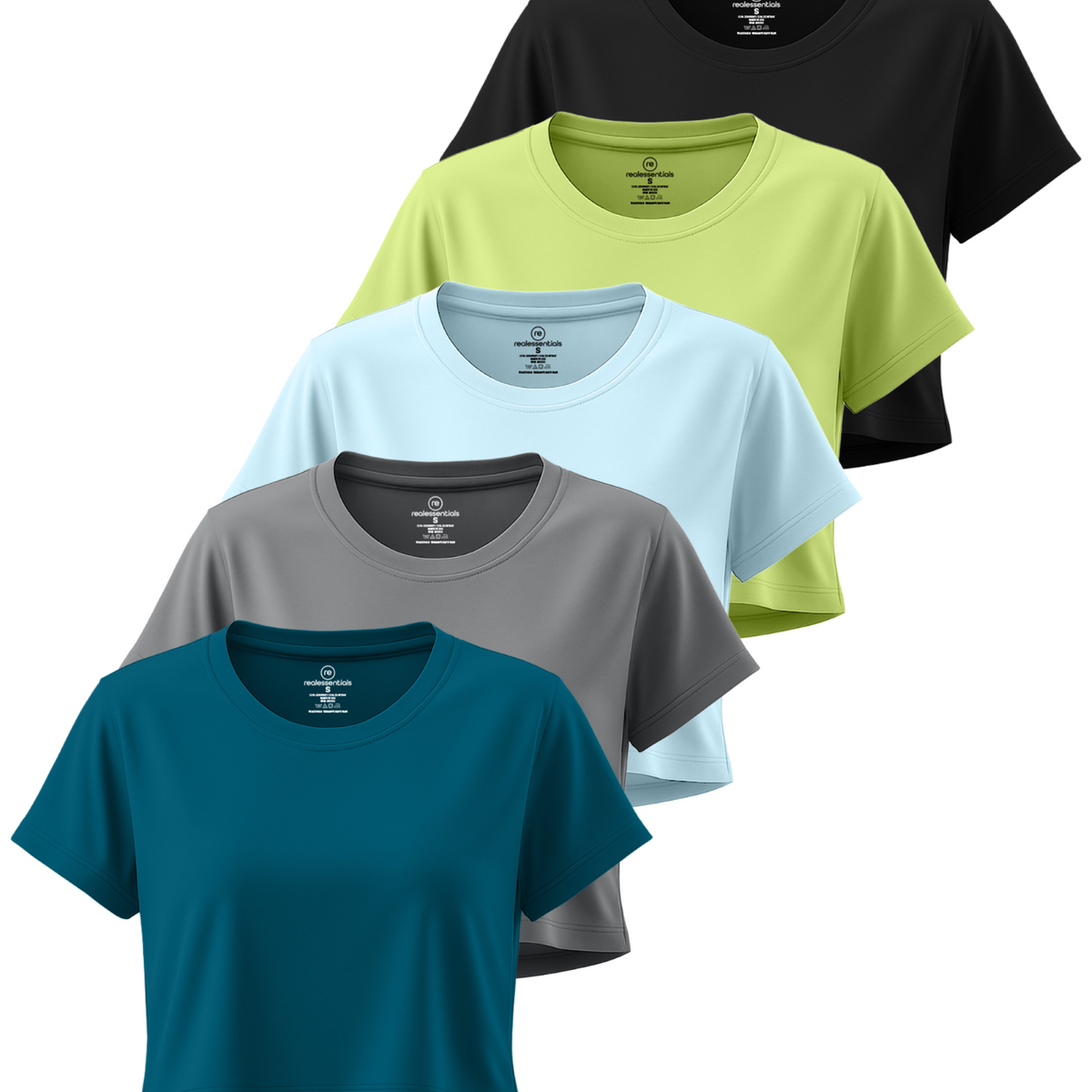 Real Essentials 5 Pack Women's Dry Fit Crop Top Workout T Shirts Short Sleeve Athletic Gym - Set 12