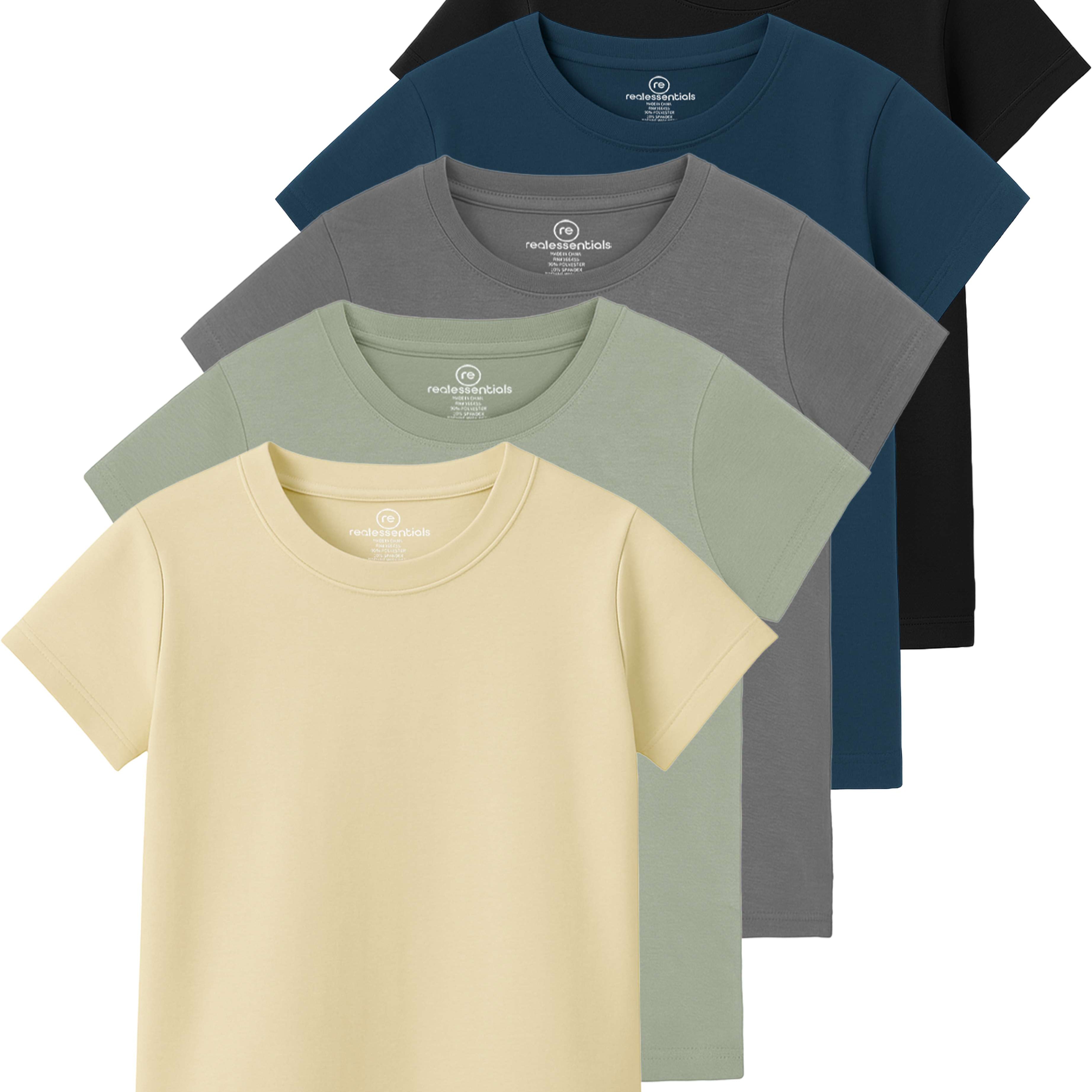 Real Essentials 5 Pack: Girls' Cotton Short Sleeve Crew Neck T-Shirt - Athletic Tee Shirt for Teens Kids Youth (Ages 4-16)
