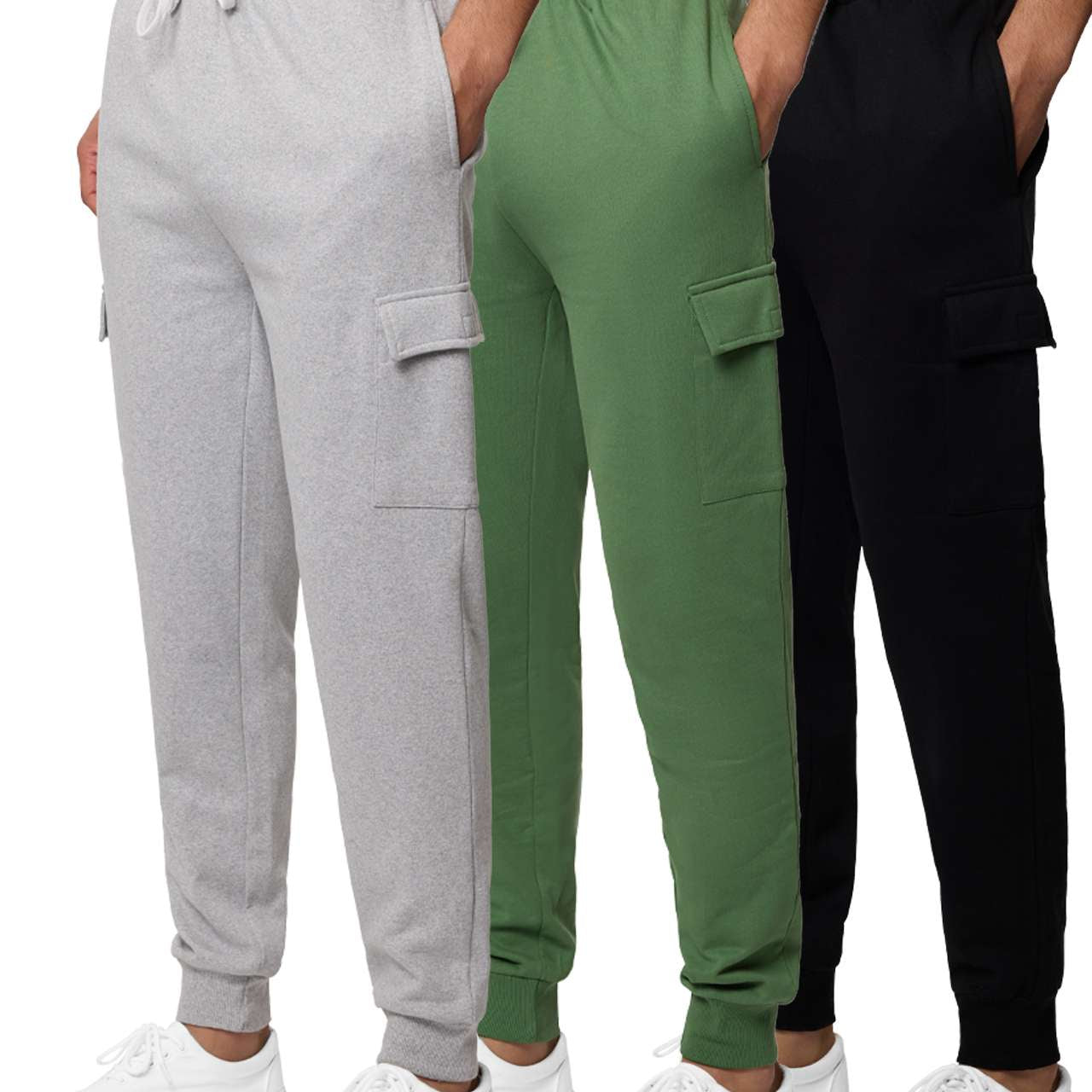 Real Essentials 3 Pack: Men's Cotton Fleece Cargo Jogger Sweatpants with Pockets