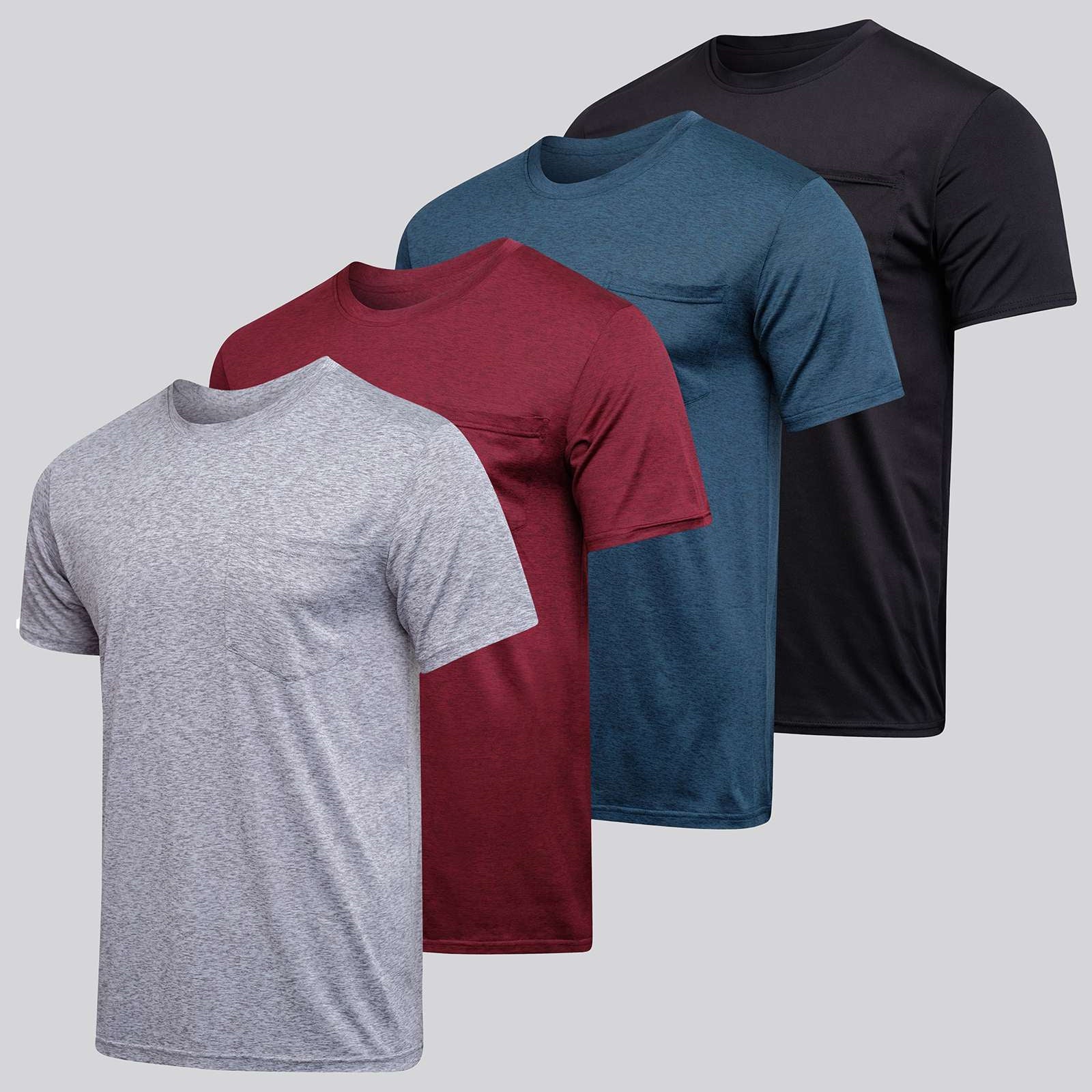 4 Pack: Mens Dry-Fit Active Pocket Short Sleeve Crew T-Shirts (Available in Big & Tall)