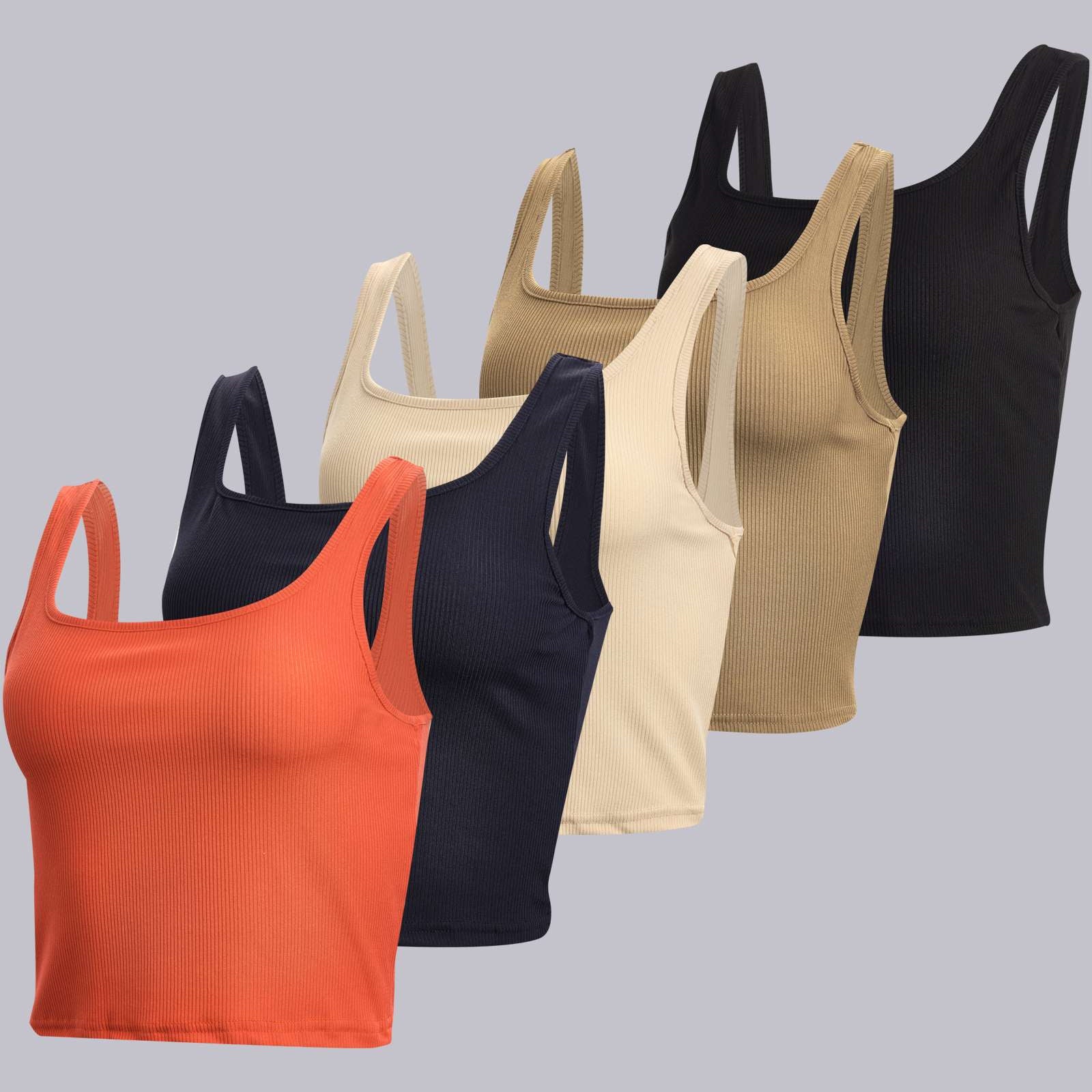 Real Essentials 5 Pack: Women's Soft Knit Ribbed Square Neck Cropped Tank Top - Sleeveless Crop Tops