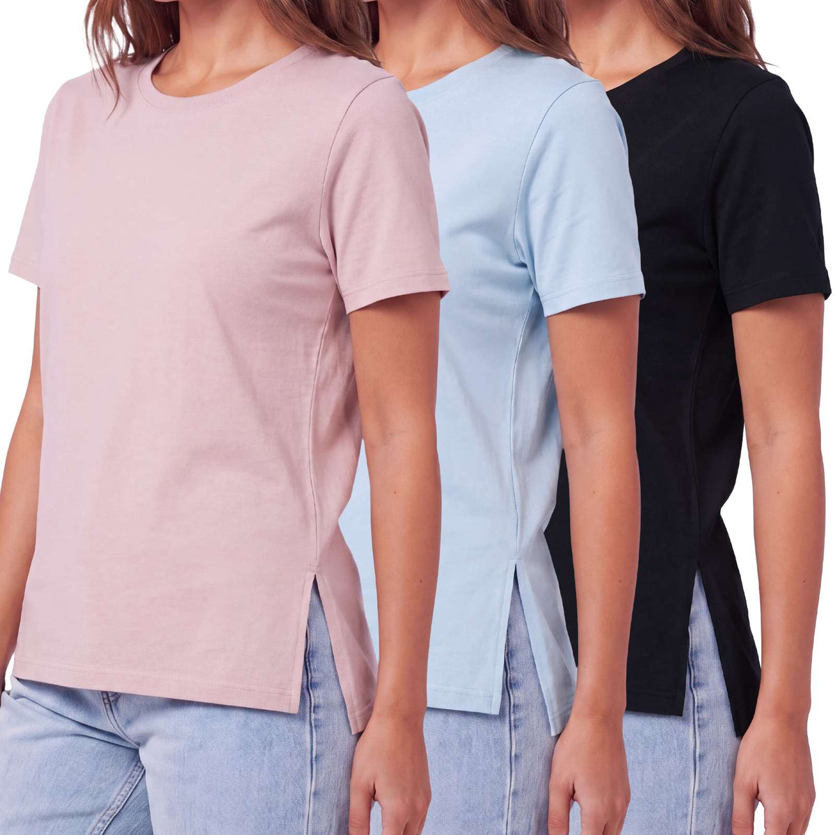 Real Essentials 3 Pack Women's Cotton Tshirts Split Hem Short Sleeve Crew Neck Tees Tops - Solid Black, Solid Ballad Blue, Solid Pale Lilac